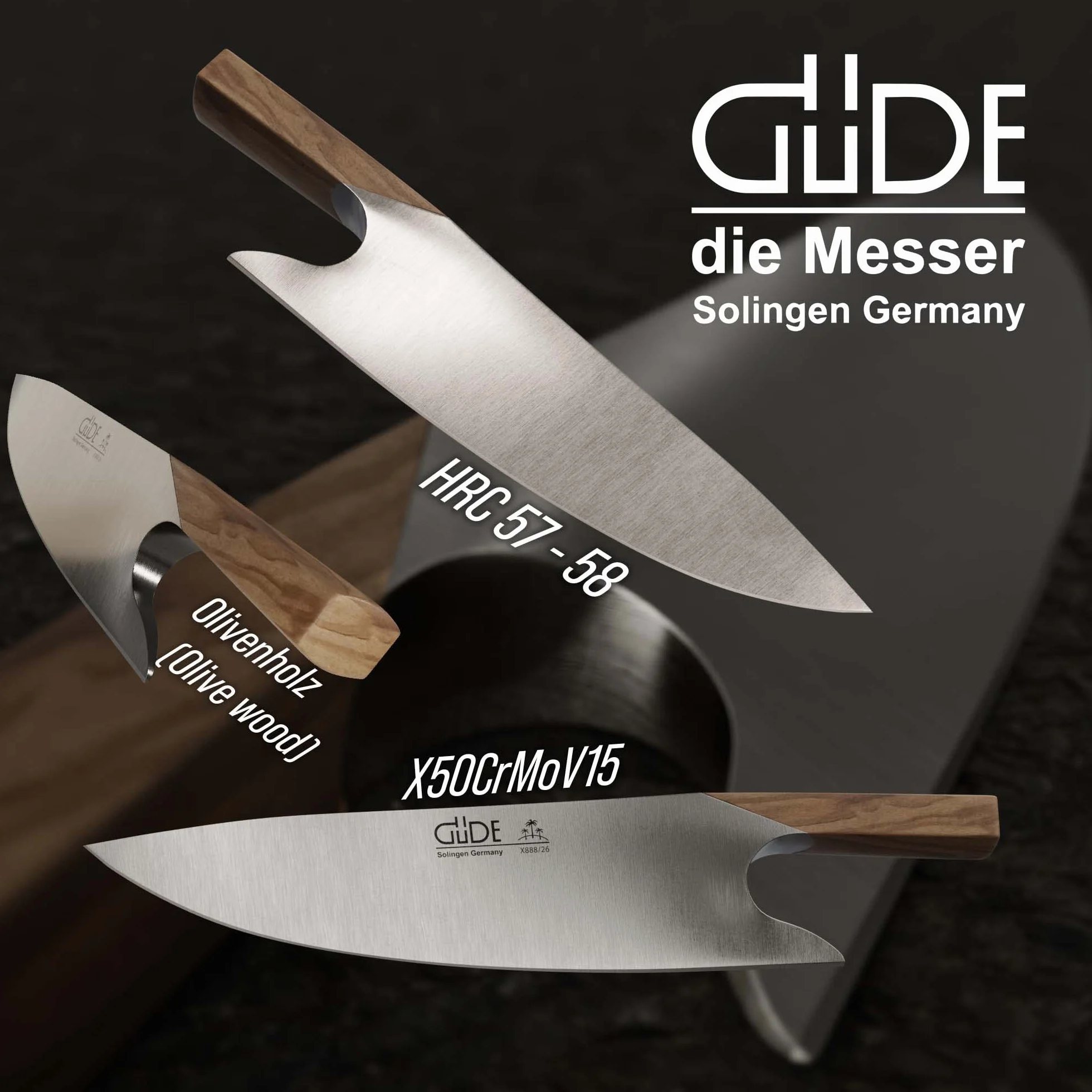 GÜDE Solingen - THE KNIFE kuty, 26 cm, drewno oliwne, Nóż szefa kuchni, Ręcznie robiony w Niemczech