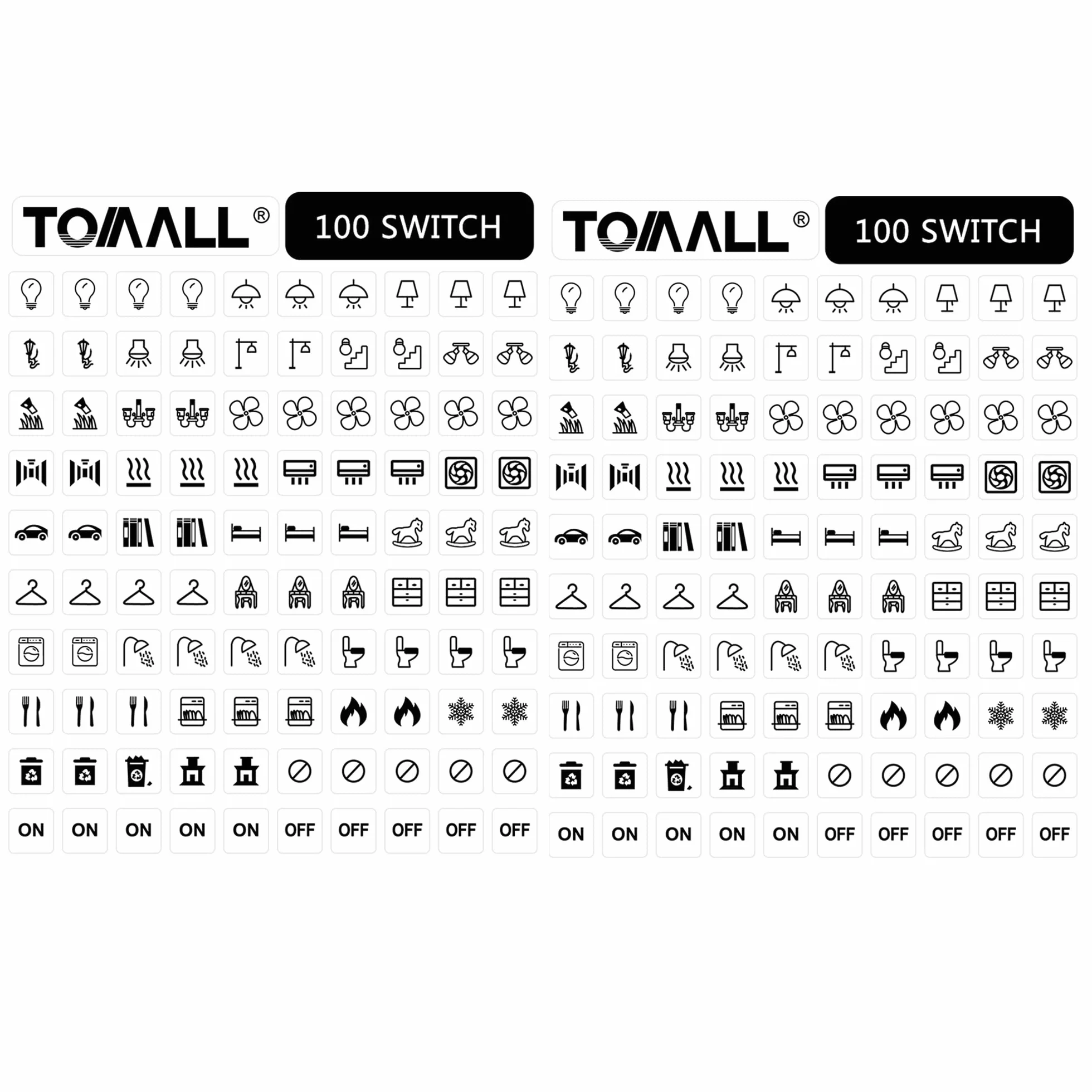 TOMALL 200 szt. etykiet na włącznik światła, naklejki ikonowe, gospodarstwo domowe, przezroczyste światło, grzejnik, łóżko, łazienka, kuchnia, garaż, pralnia, przełącznik, etykieta, zestaw graficzny
