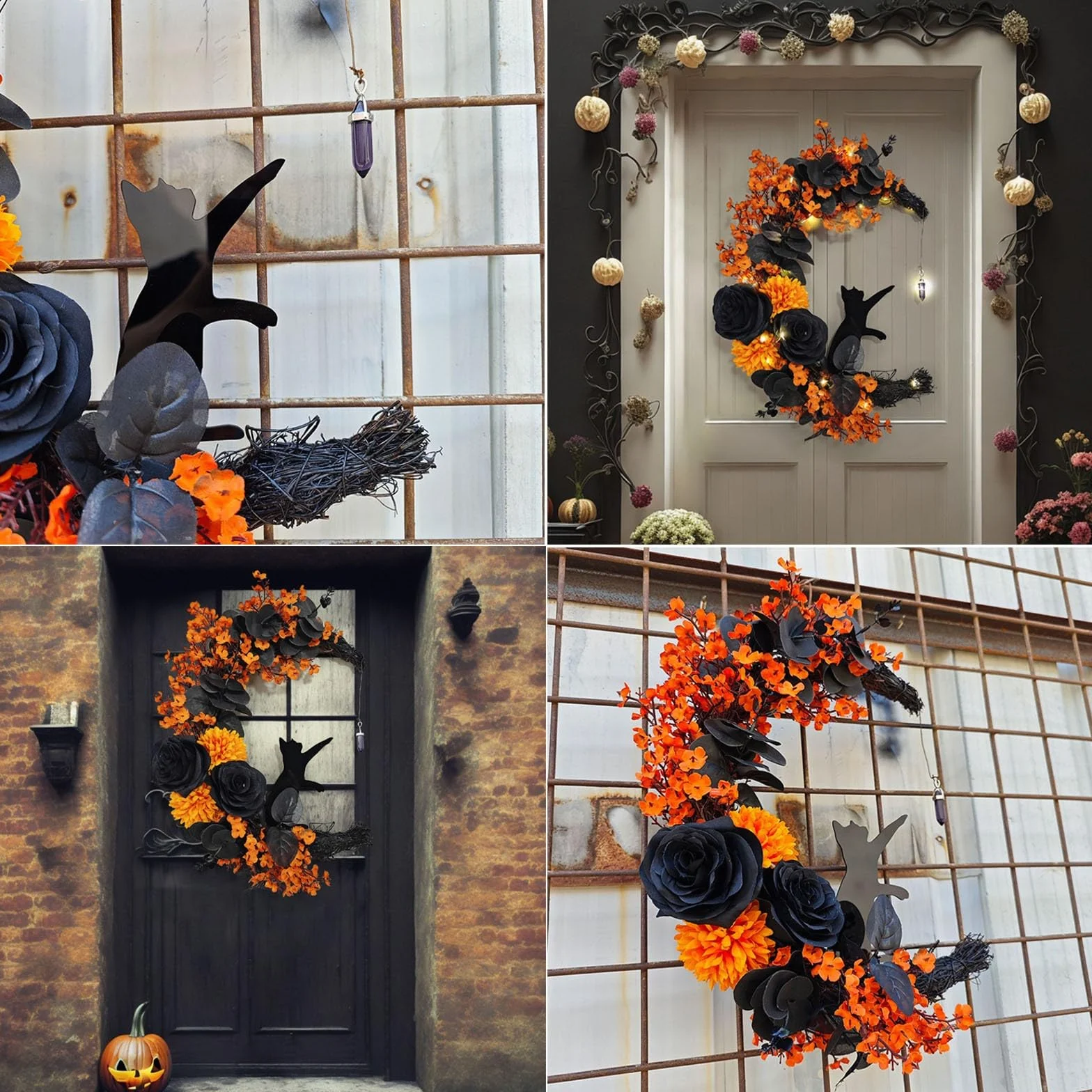 Wieniec Halloween, księżyc, kot, trwały wieniec na Halloween, girlanda, prezent, Halloween, wieniec na drzwi, uniwersalny, do wnętrz, na zewnątrz, dekoracja domu, C, bez światła, 30 cm