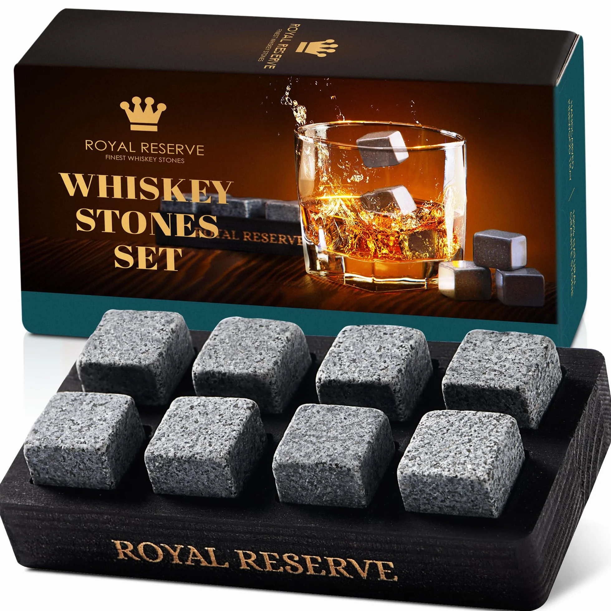Prezenty do whisky dla mężczyzn – zestaw kamieni do whisky wielokrotnego użytku w czarnej drewnianej tacy – kostki lodu burbon, kamienie chłodzące, prezenty na emeryturę dla mężczyzn, męża,