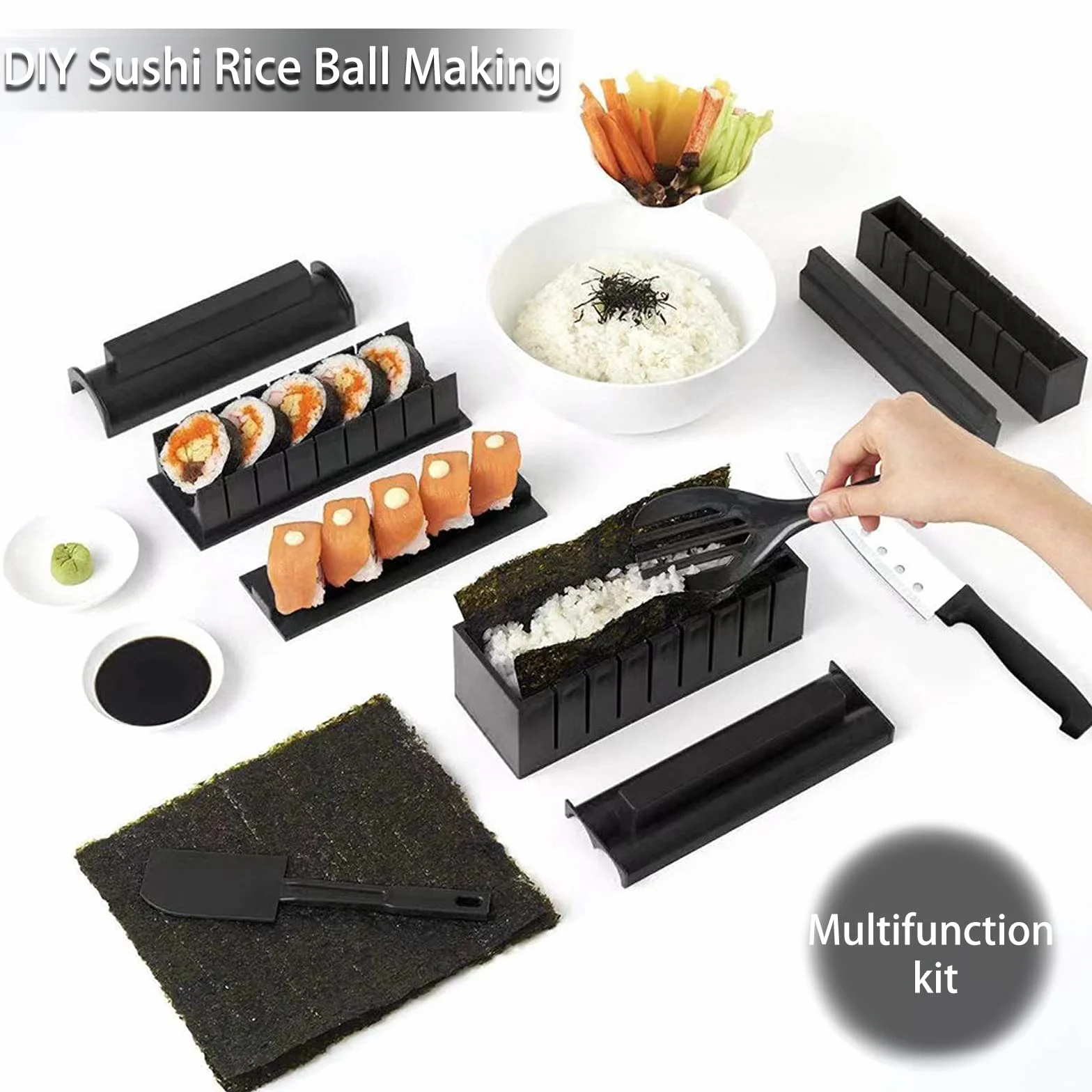 Domowy zestaw do robienia sushi, zestaw 11 sztuk z 8 rolkami do ryżu, widelcem, szpatułką, nożem - łatwy do czyszczenia i użytkowania, można myć w zmywarce do kuchni