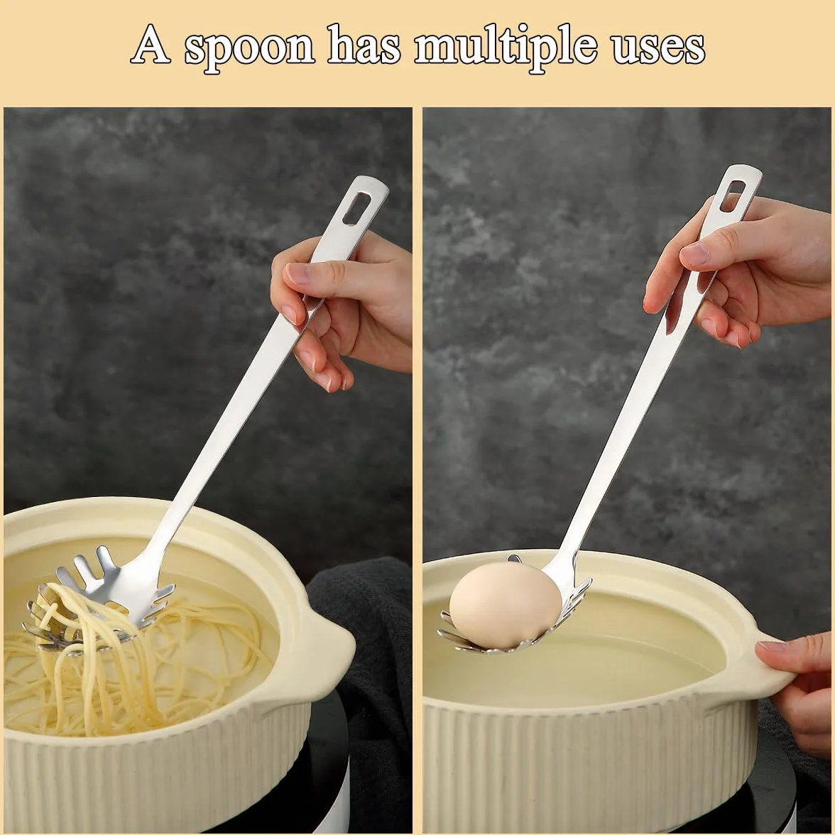 Łyżka do spaghetti, Serwer do makaronu ReaNea, Łyżka do makaronu ze stali nierdzewnej z zębami, Metalowy widelec do makaronu, Odporny na ciepło, Można myć w zmywarce