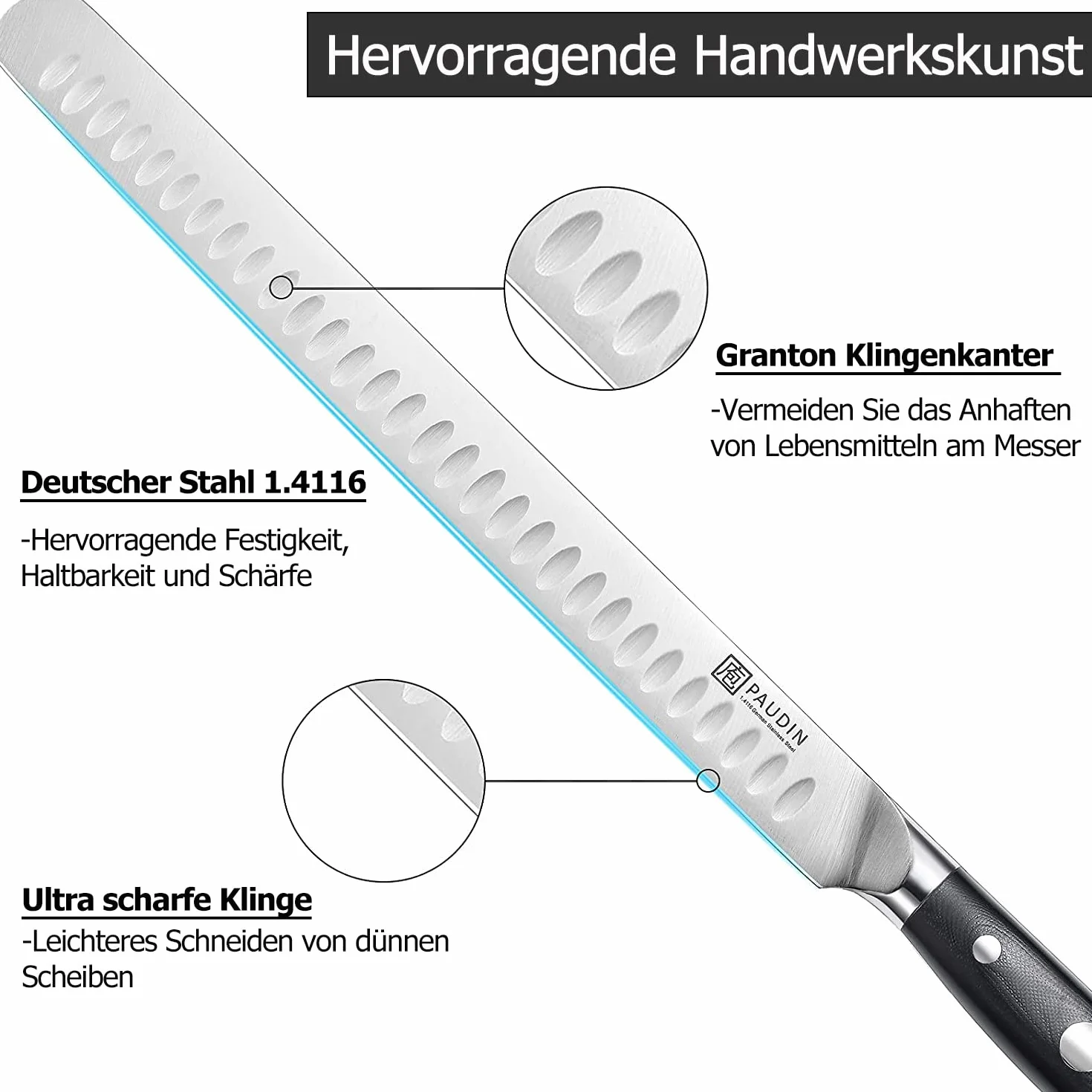 PAUDIN Nóż do szynki 30 cm, nóż do cięcia, profesjonalne ostrze kuchenne ze stali nierdzewnej, noże szefa kuchni odpowiednie do wędzonych pieczeń, indyka, łososia, chleb