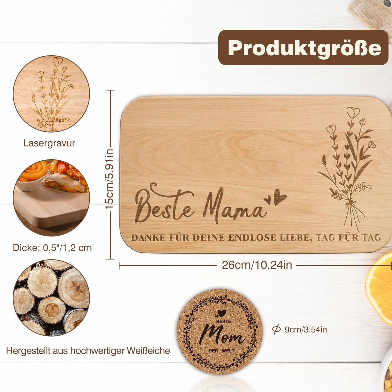 Prezent na Dzień Matki dla mamy, spersonalizowana deska śniadaniowa z drewna z podstawką, zestaw upominkowy dla mamy, prezent urodzinowy na Boże Narodzenie, Dzień Matki, dla najlepszej mamy