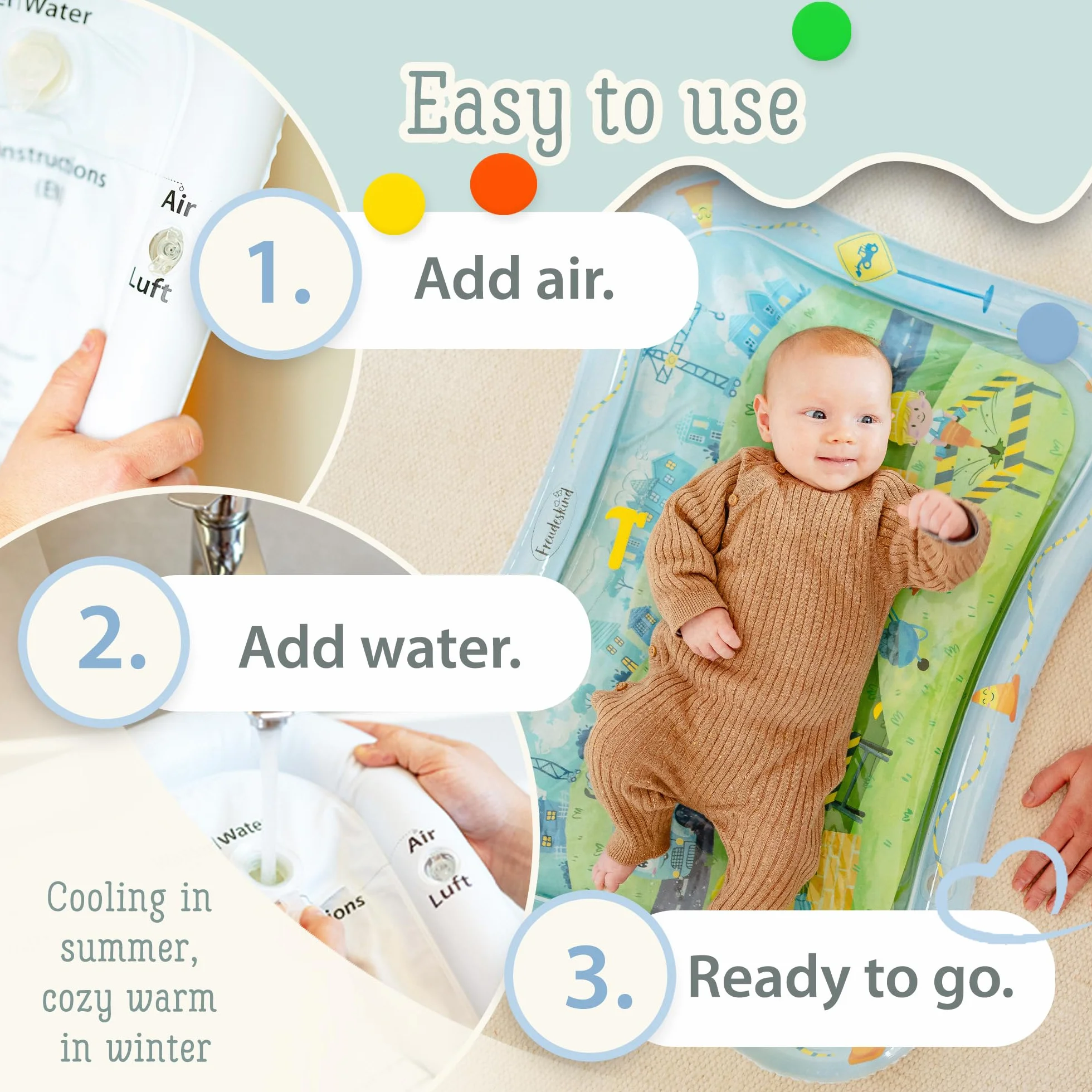 TummyTime mata wodna XXL od Freudeskind, mata do zabawy dla niemowląt, 100% ftalanów i BPA od 0, 3, 6, lub 9 do 24 miesięcy, sensoryczna mata do zabawy Montessori, zabawka dla niemowląt, pozycja na