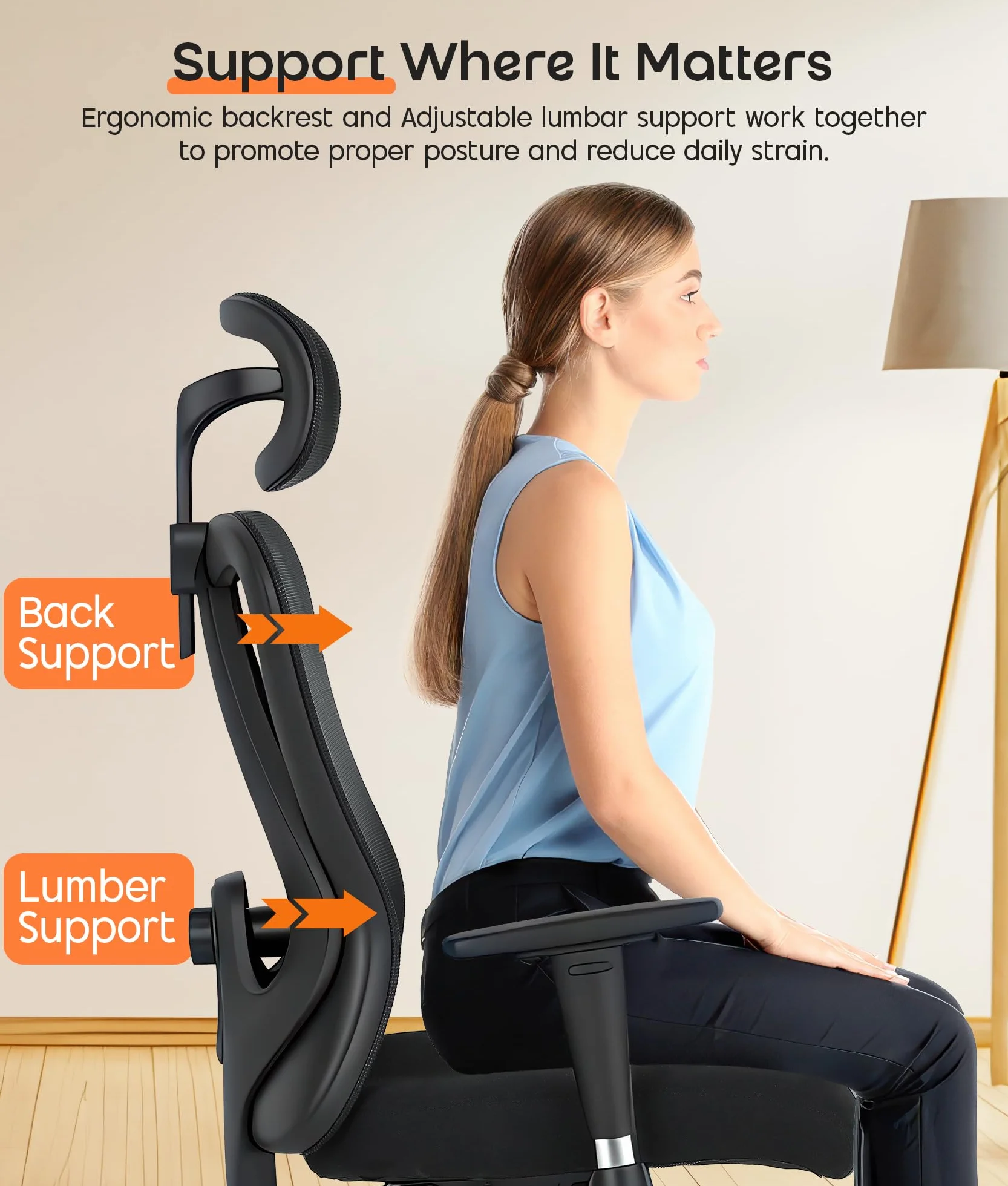 ADOV Ergonomiczne Krzesło Biurowe z Regulowanym Podparciem Lędźwiowym, Zagłówkiem i Podłokietnikami, Krzesła Obrotowe 360°, Regulacją Wysokości Krzesła Komputerowe, Krzesło do Biurka Wysokim Oparciem