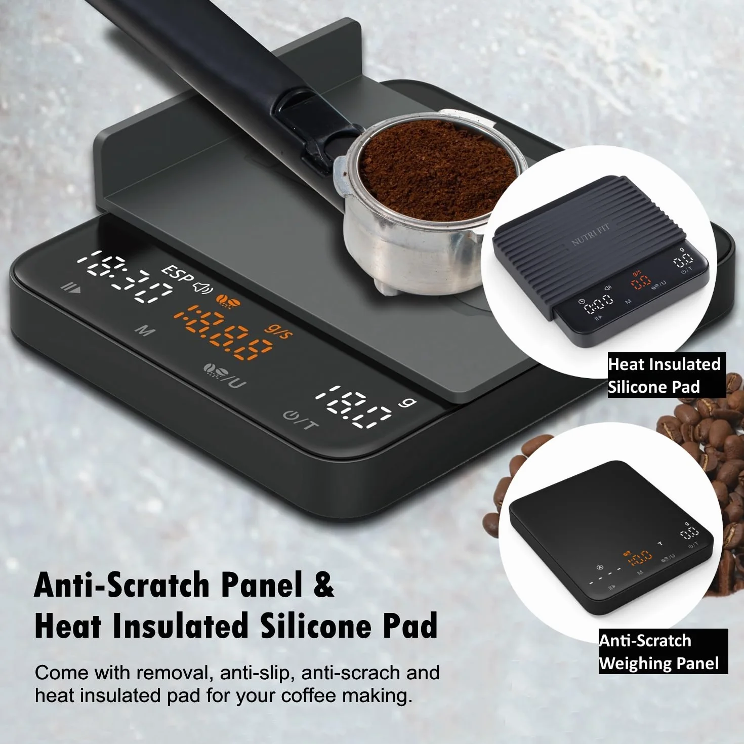 NUTRI FIT Mini waga do kawy z timerem, ładowalna waga kuchenna USB-C, przenośna waga do espresso z wyświetlaczem LED, rozmiar produktu 11,5 x 10 cm, 2 kg/0,1 g - czarna