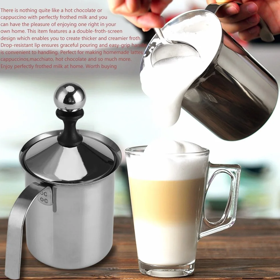 Ręczny spieniacz do mleka, ręczny spieniacz do mleka ze stali nierdzewnej, spieniacz do cappuccino z podwójną kawą netto (400ml)