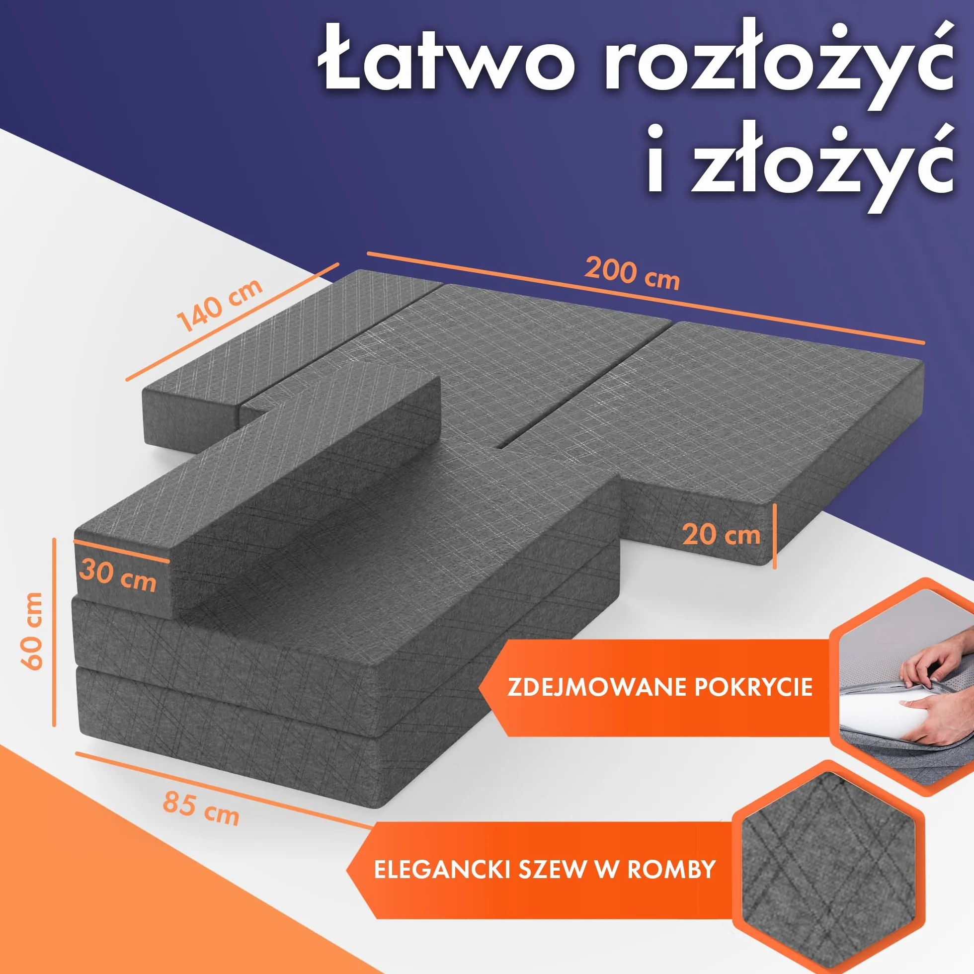 Sofa z funkcją spania o szerokości – składana sofa do spania i materac dla gości na 2 składane łóżko – bardzo gruba 20 cm i wygodna H3 (Ciemno Szary, Kanapa)