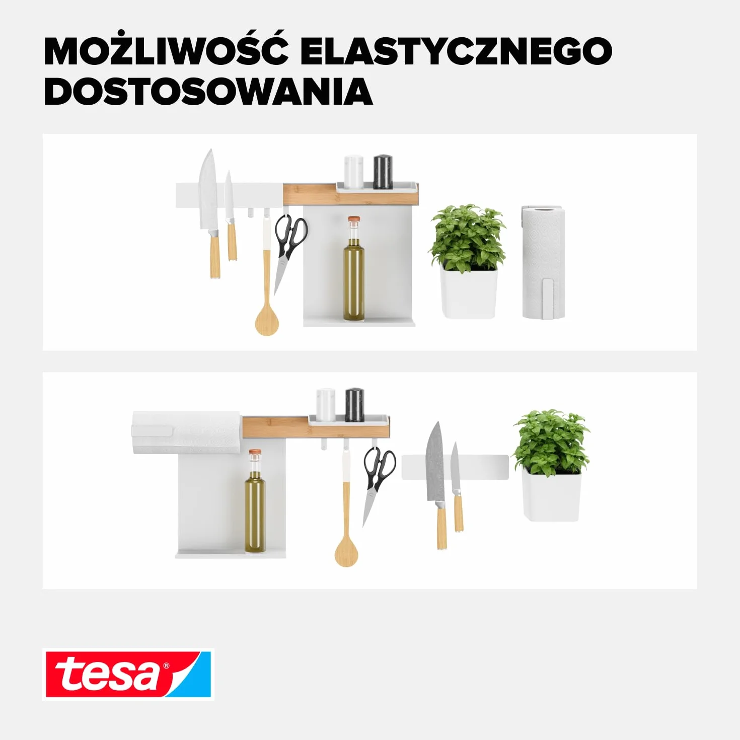 tesa Organizer Kuchenny Combi Set L - samoprzylepny reling kuchenny, doniczka na zioła, 2 półki, uchwyt na noże, uchwyt na rolki kuchenne, szyna z 3 haczykami - montaż bez wiercenia - bambus/biały