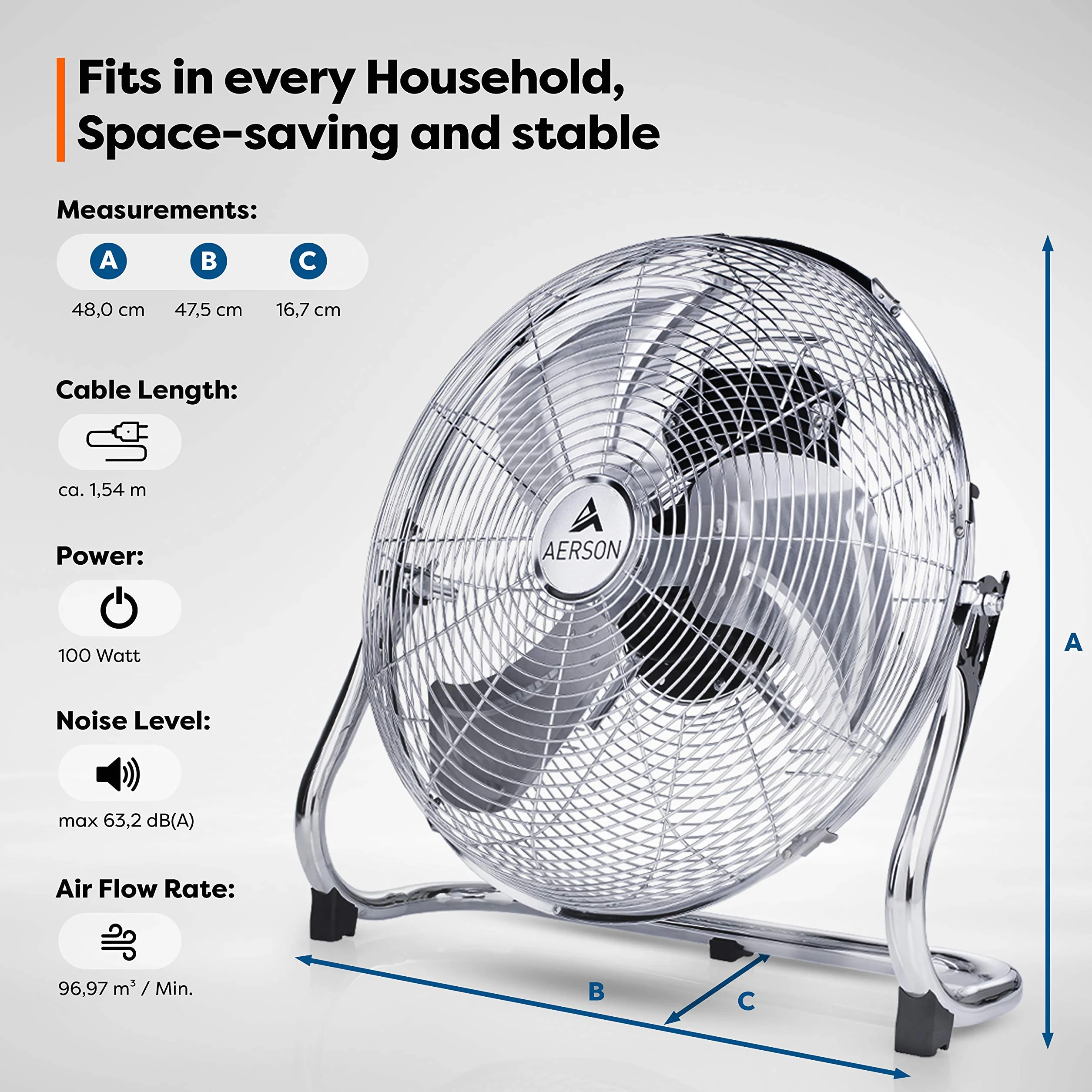 Aerson wentylator podłogowy 40 cm, 3 poziomy mocy, 100 W, wysoka przepustowość powietrza, solidne metalowe wykonanie, kąt nachylenia ok. 110 stopni