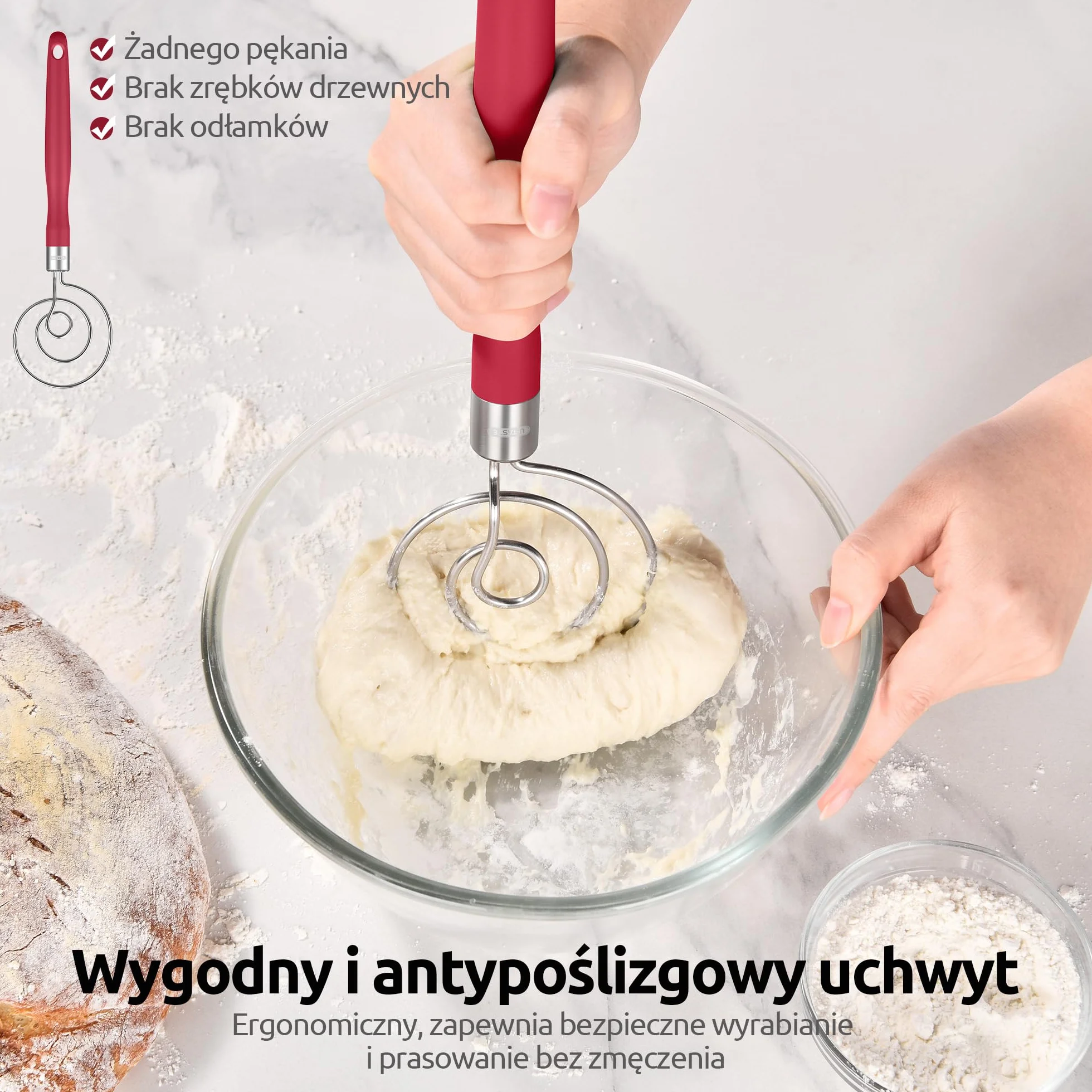 U-Taste Duńska trzepaczka do ciasta: trzepaczka do ciasta ze stali nierdzewnej 18/8, ręczna maszyna do pieczenia chleba o jakości spożywczej z antypoślizgowym silikonowym uchwytem do pieczenia