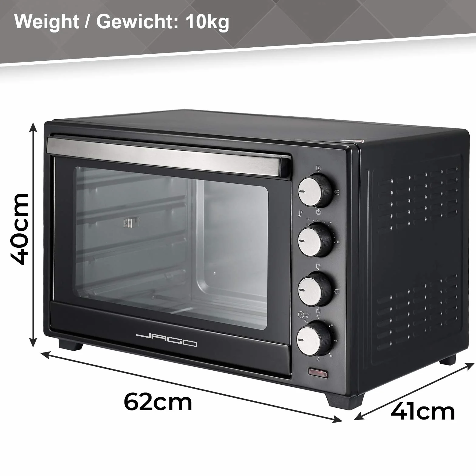 Jago® Mini piekarnik elektryczny z konwekcją, 60 litrów, 6 trybów, 100-230º, 2000 W, stal nierdzewna, przenośny, mini piekarnik elektryczny, mały, możliwy