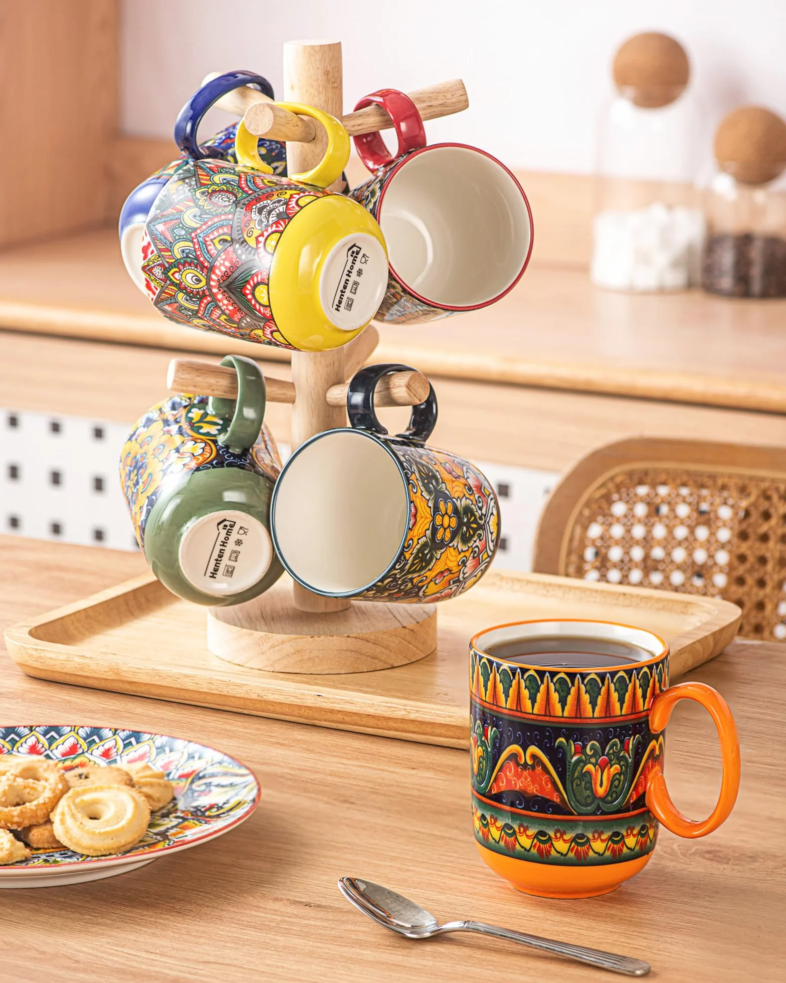 Zestaw 6 filiżanek do kawy, z uchwytem, 410 ml, porcelanowe filiżanki do herbaty, kawy, mleka, cappuccino, kolorowe, 6 sztuk w opakowaniu - styl boho