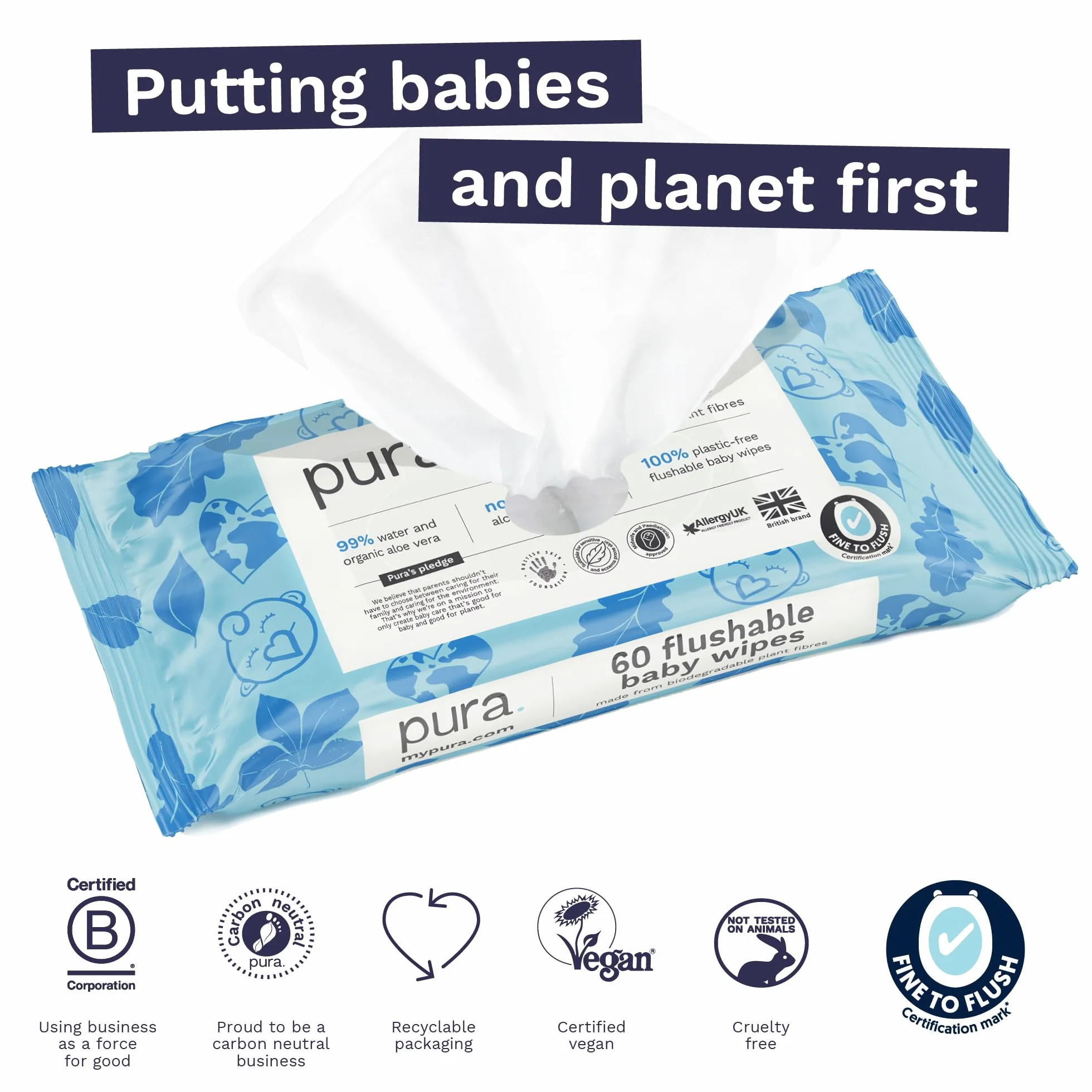 Pura Chusteczki do czyszczenia na mokro, 70 chusteczek (1 opakowanie), 99% wody, w 100% bez plastiku, odpowiednie dla wrażliwej i pozbawionej zapachu skóry, aloes, niemowląt, biodegradowalne,