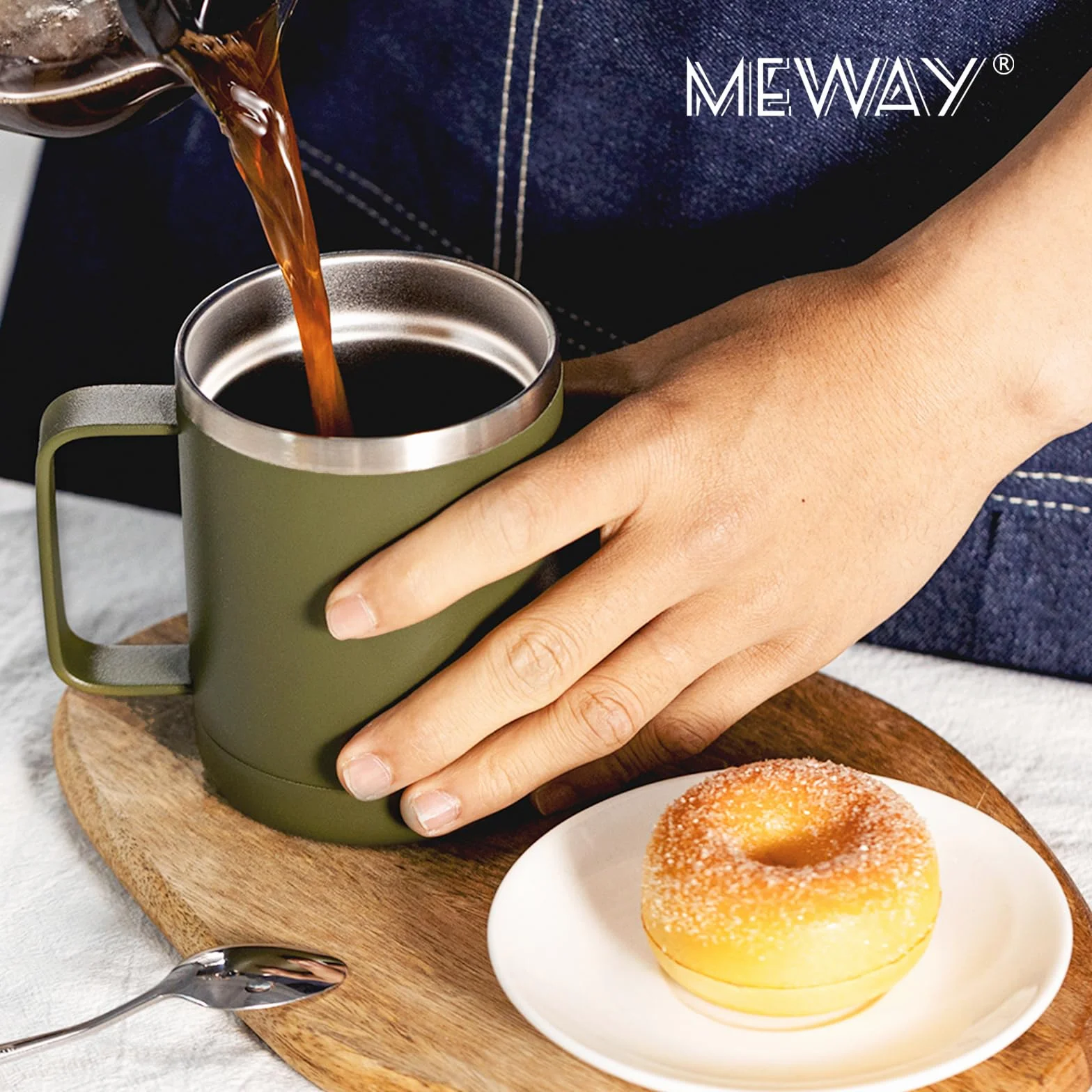 MEWAY Kubek do kawy 350 ml z uchwytem, 4 sztuki, izolowane kubki podróżne ze stali nierdzewnej z przesuwaną pokrywką, próżniowy kubek kempingowy z podwójną ścianką do gorących i zimnych napojów herbaty (wojskowa zieleń, zestaw 4 szt.)