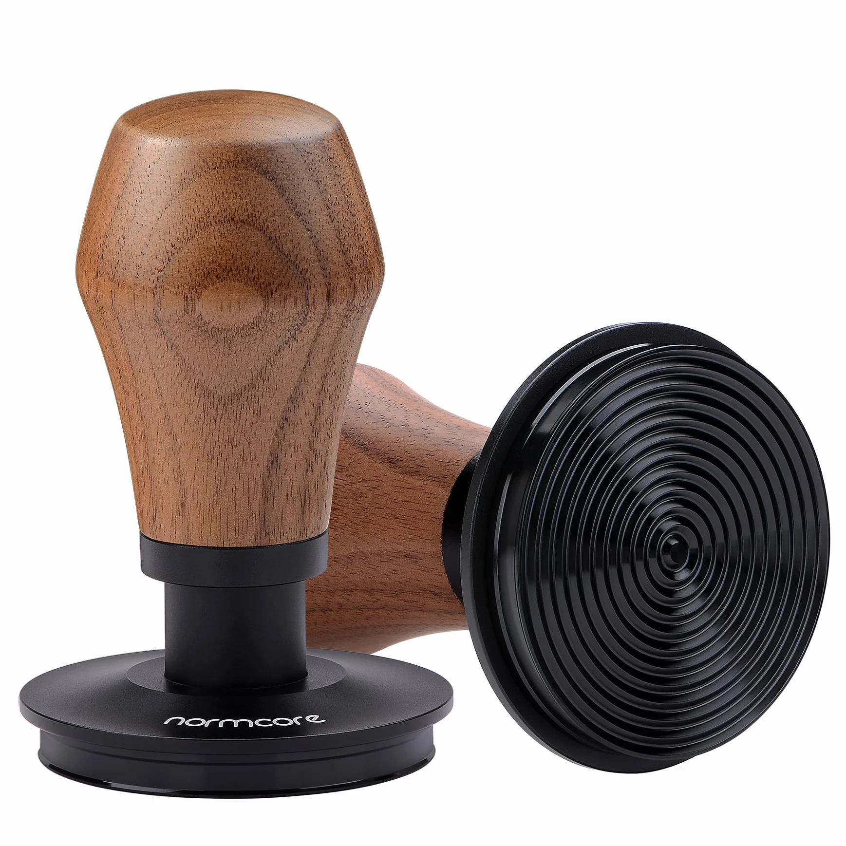 Normcore 58,5 mm tamper do kawy V4.1 z dźwiękiem kliknięcia, sprężynowy tamper do espresso z tytanową powłoką PVD i podstawą Ripple, uchwyt z prawdziwego orzecha amerykańskiego z silikonowym stojakiem