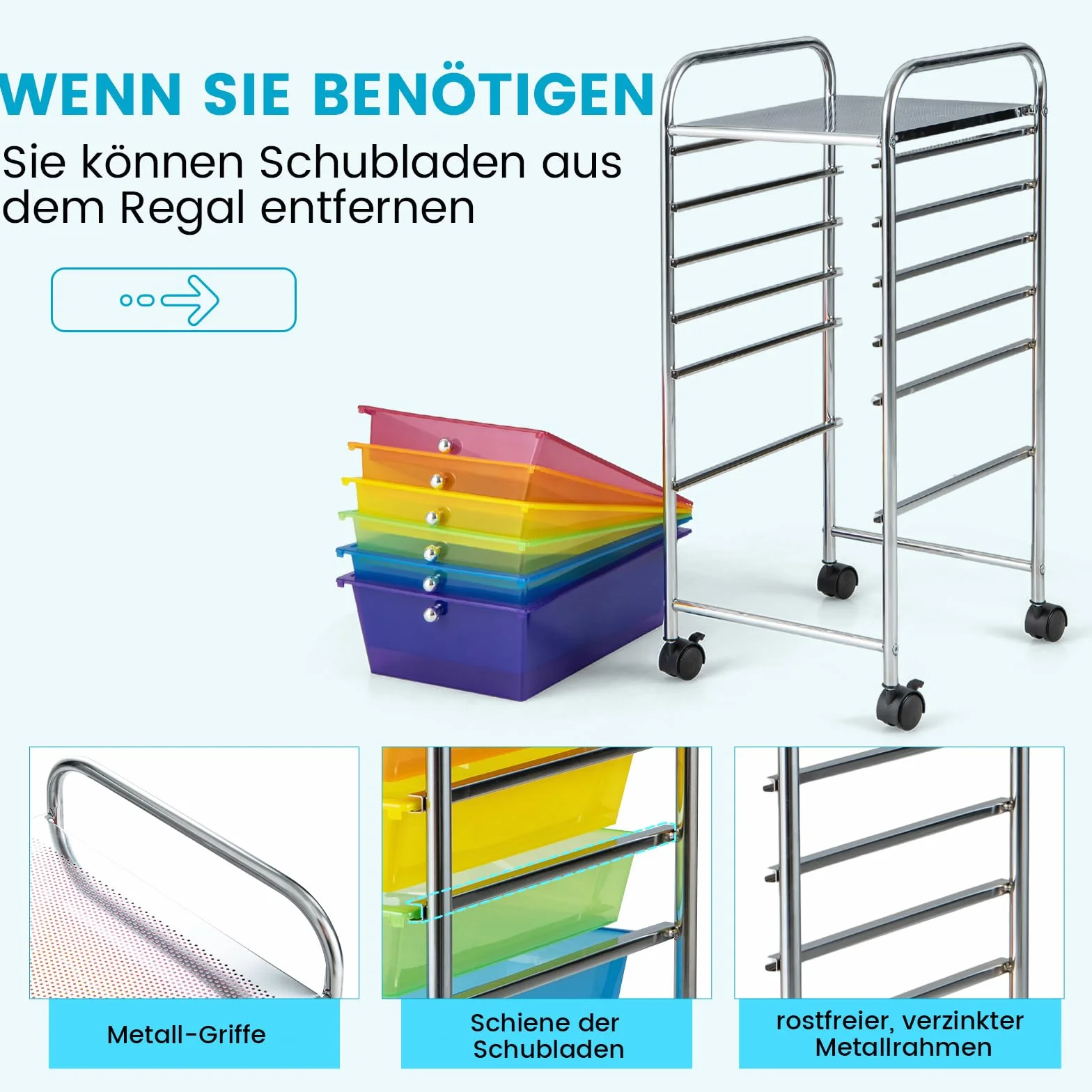 COSTWAY Wózek z 6 szufladami z możliwością układania w stos, wózek z szufladami, kontener na kółkach z metalowym stelażem i półką, wózek do przechowywania do biura, salonu