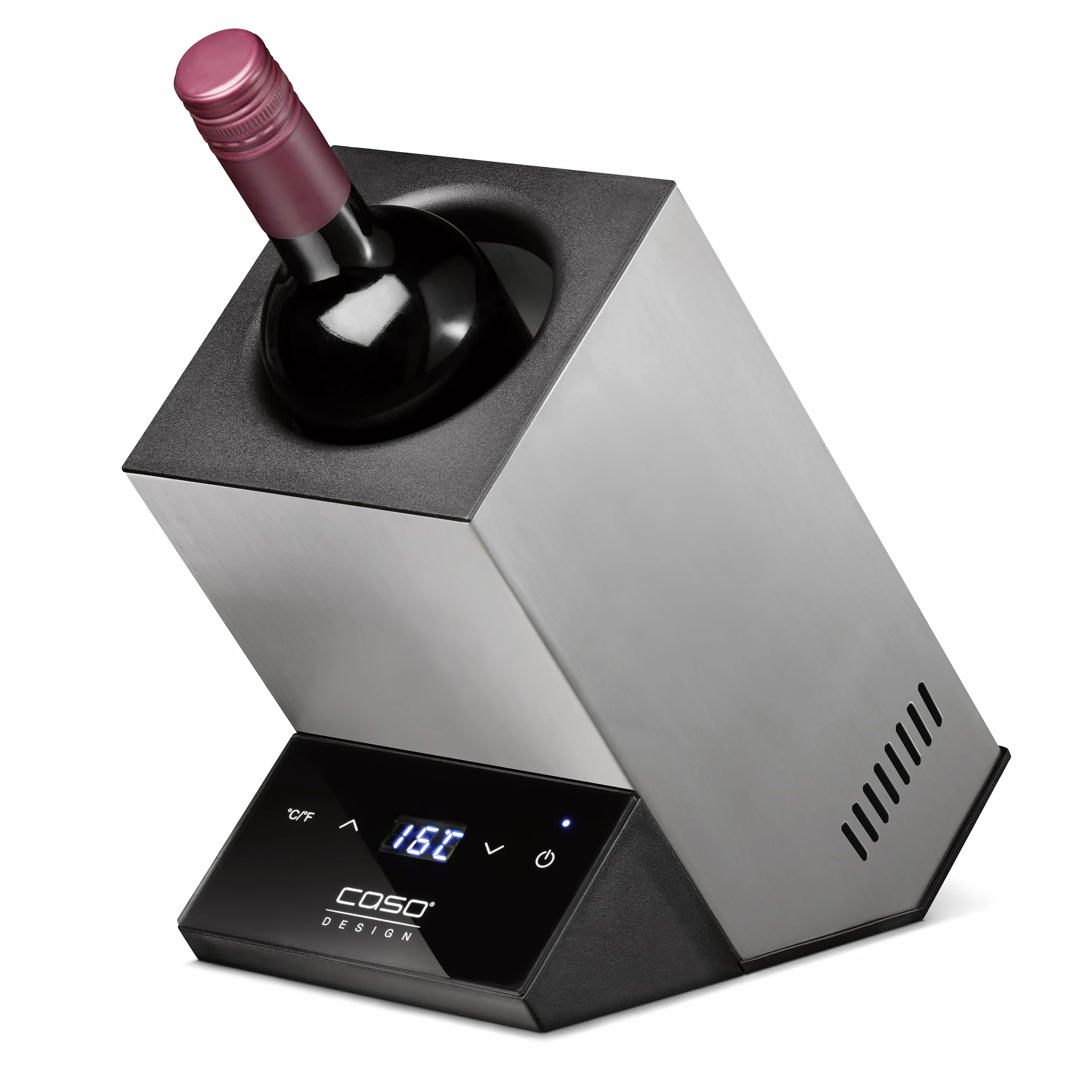 CASO WineCase One Inox - designerska chłodziarka do wina na jedną butelkę, zakres temperatur od 5 do 18°C, do butelek o średnicy do 9 cm, obsługa czujnikowa, obudowa ze stali nierdzewnej, mała