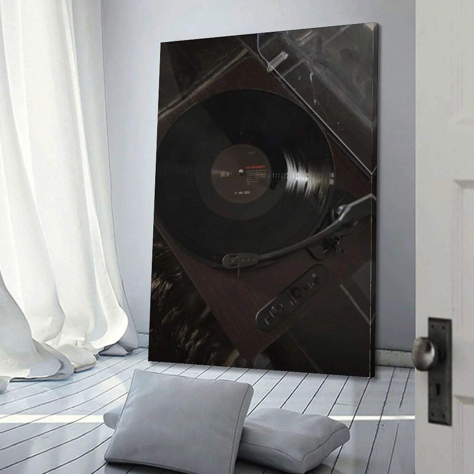 Gramofon z płytą winylową w ciemnym otoczeniu sztuka ścienna, elegancka muzyka retro dekoracja do domu i salonu plakat dekoracyjny obraz płótno plakaty ścienne i obraz artystyczny druk nowoczesny