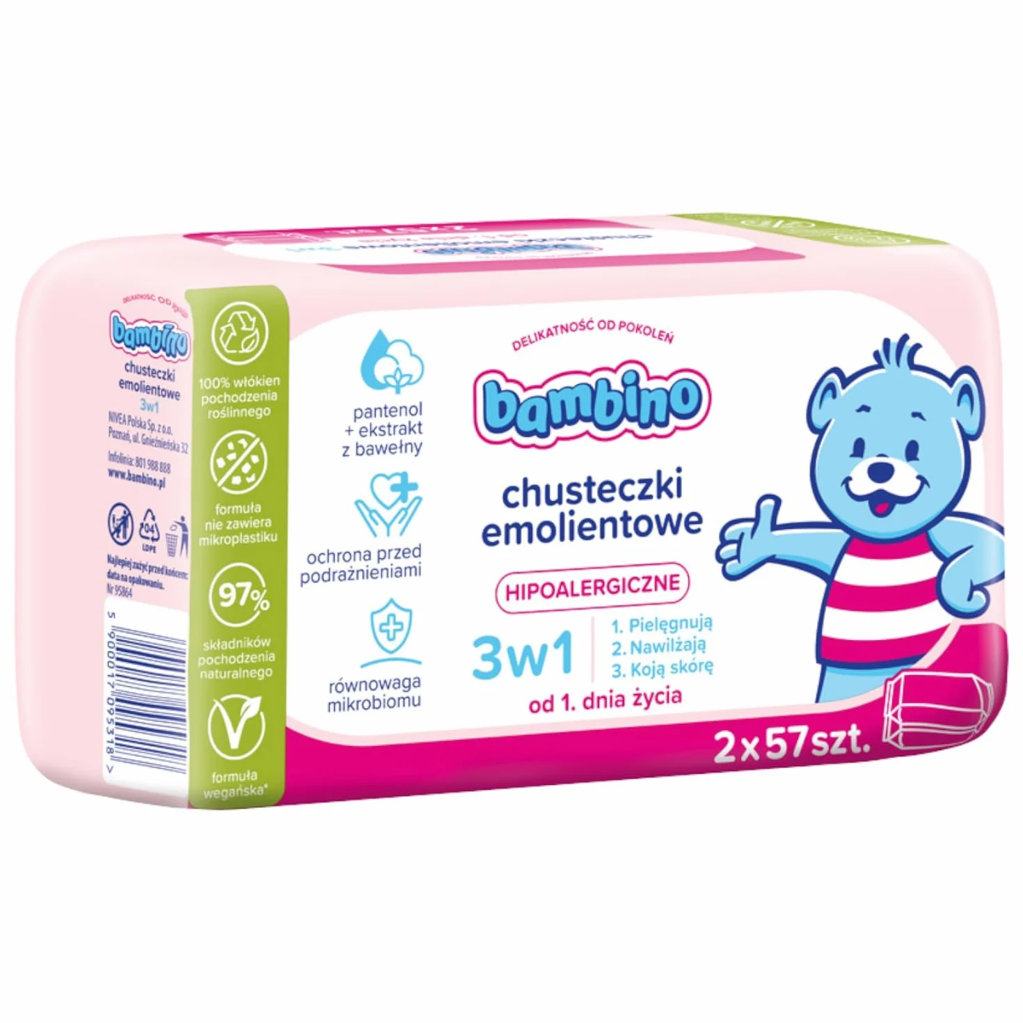 Bambino Chusteczki Emolientowe 3w1 Duopack – 2×57 sztuk, hipoalergiczne dla niemowląt od 1. dnia życia, z pantenolem, witaminą E i bawełną, 97% składników naturalnych