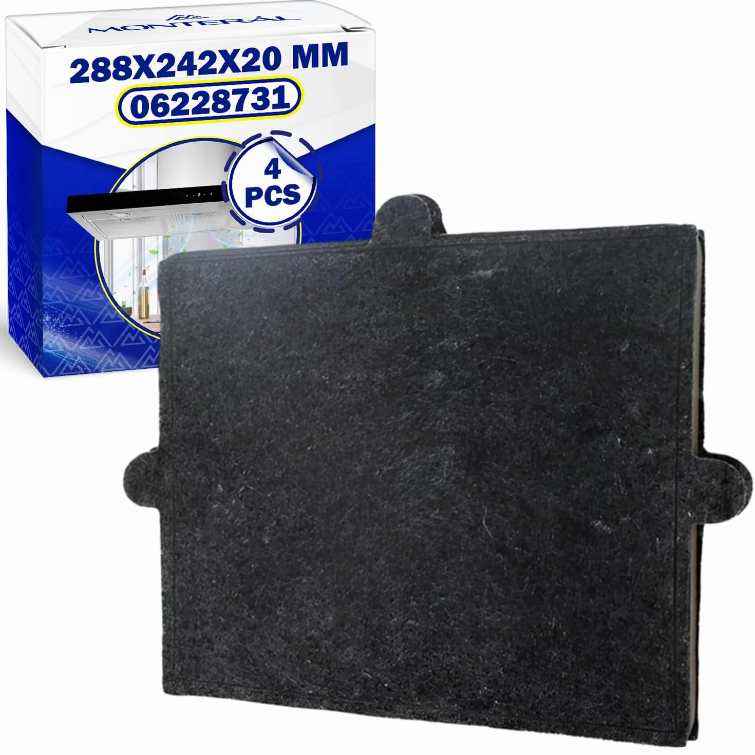 4 szt. Filtr z węglem aktywnym do okapu kuchennego DKF12-1 DKF121 288x242x20 mm z oryginalnym kodem 06228731 do Miele - MONTERAL