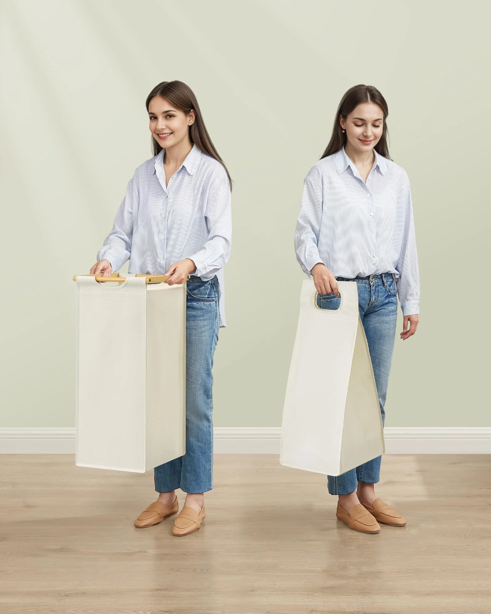 SONGMICS Kosz na pranie, z 3 przegródkami, kosz na brudną bieliznę, bambusowy, pojemność 150 l, z półką, kieszeniami bocznymi, 3 x 50 l, 94 x 33 x 78 cm, kremowo-biały RLH115W01