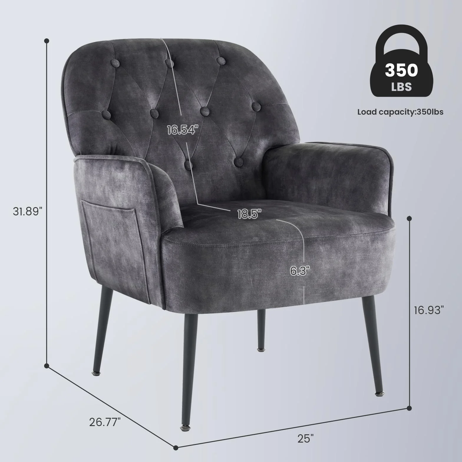 IWMH fotel do salonu, aksamitne krzesło akcentowe do sypialni, wygodne duże krzesło do czytania z oparciem, krzesło okazjonalne w stylu mid-century, metalowe nogi (szare)