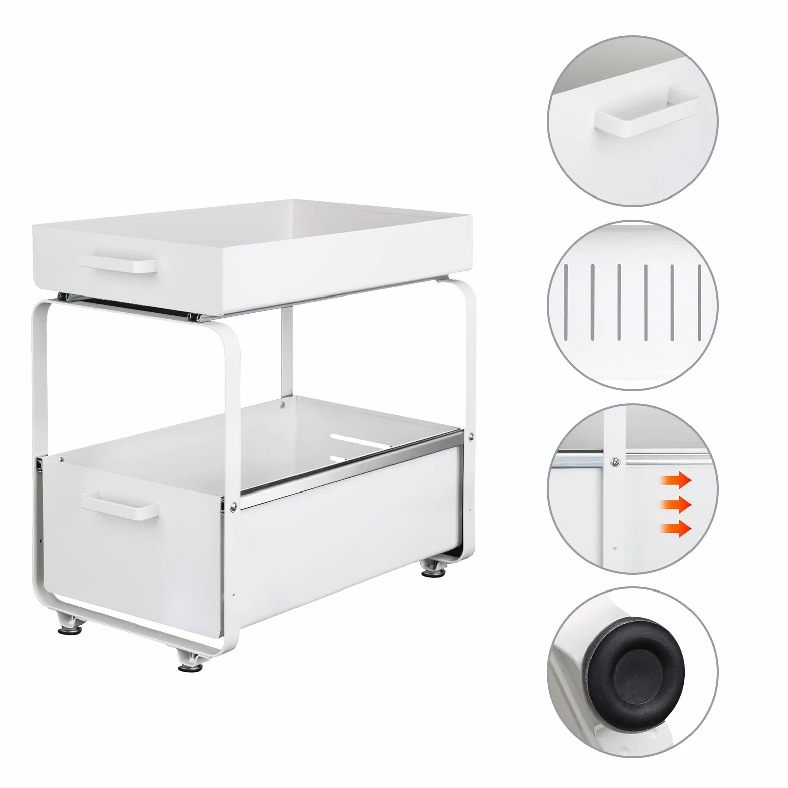 HUOLE Organizer pod zlewozmywak, metalowa szuflada do przechowywania, uchwyt przesuwny z przegrodami na przyprawy, prysznic, strażnik - kuchnia, łazienka, pod zlewem, półka garażowa-biała