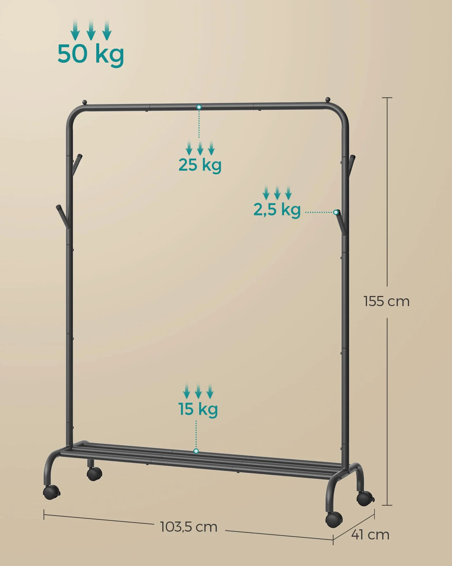 SONGMICS Wieszak na ubrania, wieszak na ubrania, pojedynczy wieszak na ubrania, wytrzymała metalowa rama, z kółkami i półką, maks. obciążenie 50 kg, szerokość 103,5 cm, przechowywanie odzieży, czarny