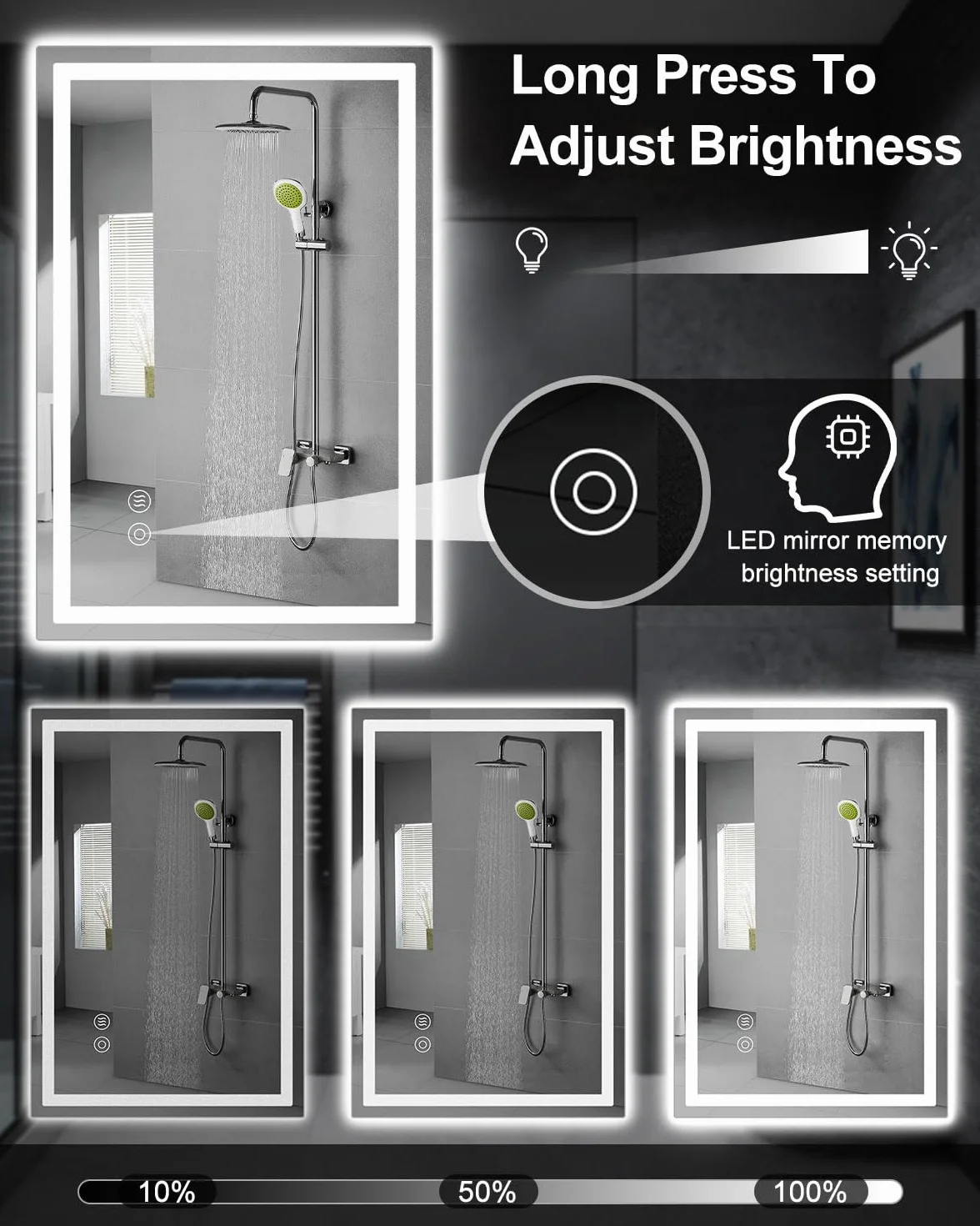 Lustro łazienkowe z oświetleniem LED, 50 x 70 cm, z włącznikiem dotykowym, przeciwmgielne, możliwość ściemniania, 3 temperatury barwowe, funkcja pamięci, wodoszczelne (IP44), lustro łazienkowe