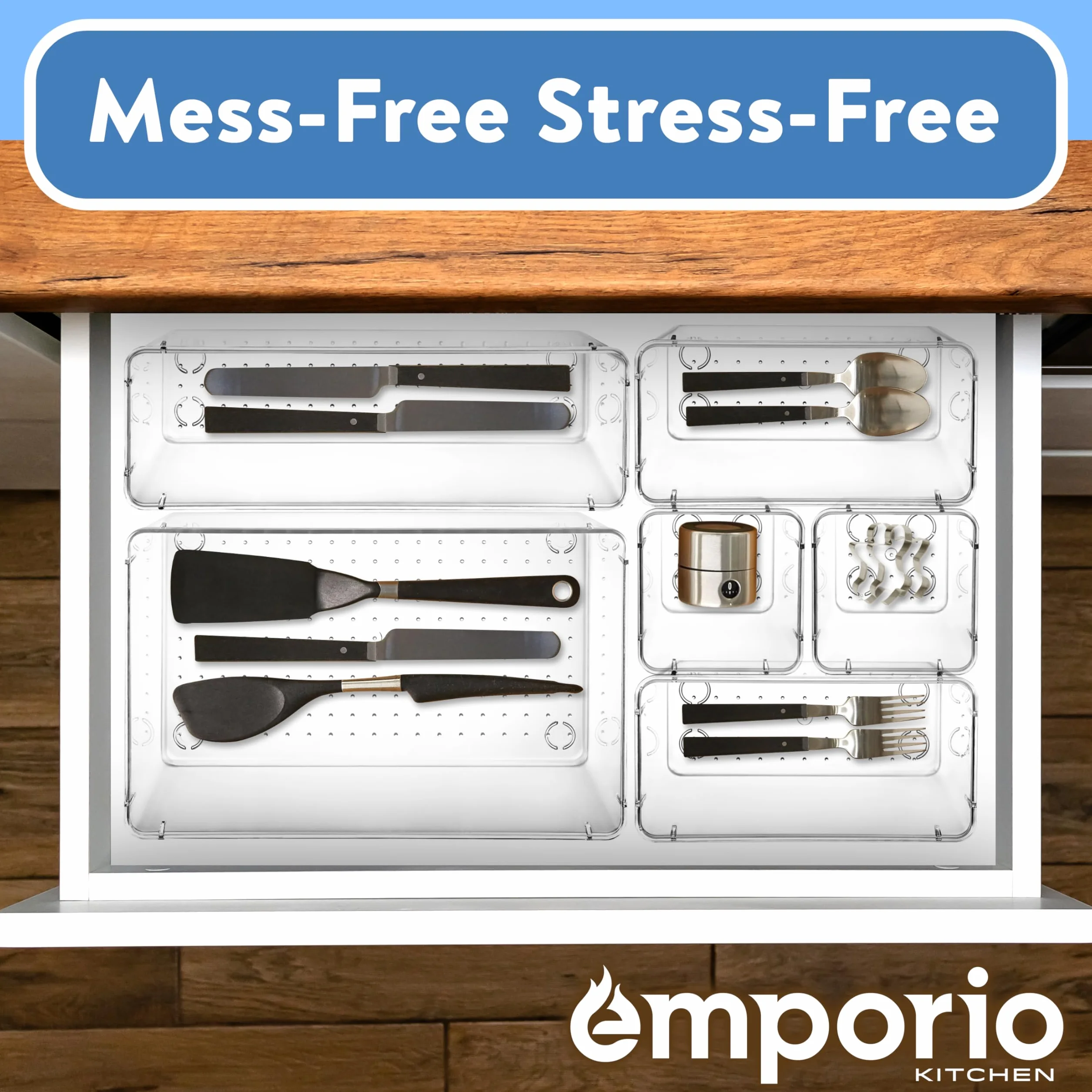 Emporio Kitchen Zestaw organizerów do szuflad – zawiera 6 pojemników 9 x 6, 10 pojemników 9 x 3, 18 pojemników 6 x 3, 30 pojemników 3 x 3, tacki do przechowywania do makijażu, kuchni i biura, 64