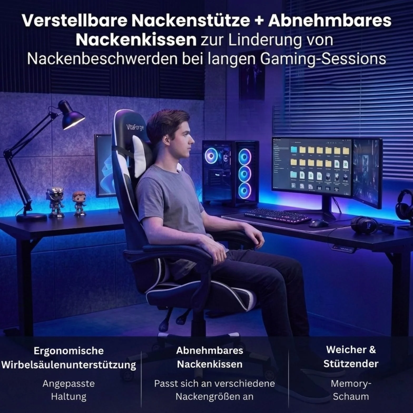 Fotel do gier/biurowy, z dynamicznym podparciem lędźwiowym, regulowaną wysokością i podłokietnikami, obracany o 360°, miękka poduszka, odpowiedni do domu i biura, klasyczne czarno-szare wykończenie