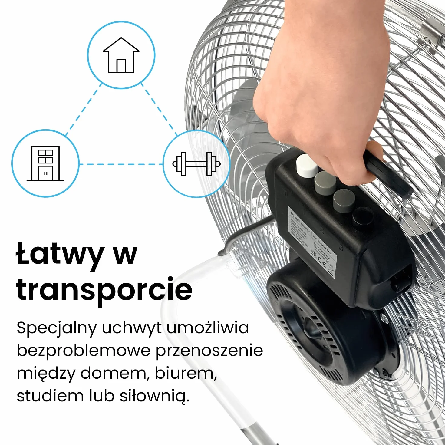 Pro Breeze Wentylator Chłodzący Podłogowy, Duży Wiatrak Przemysłowy, Średnica 50 cm, Mocny Potężny, 120W, Chromowany Okrągły Wytrzymały, 3 Łopatki, do Garażu Warsztatu Sklepu Stodoły Siłowni
