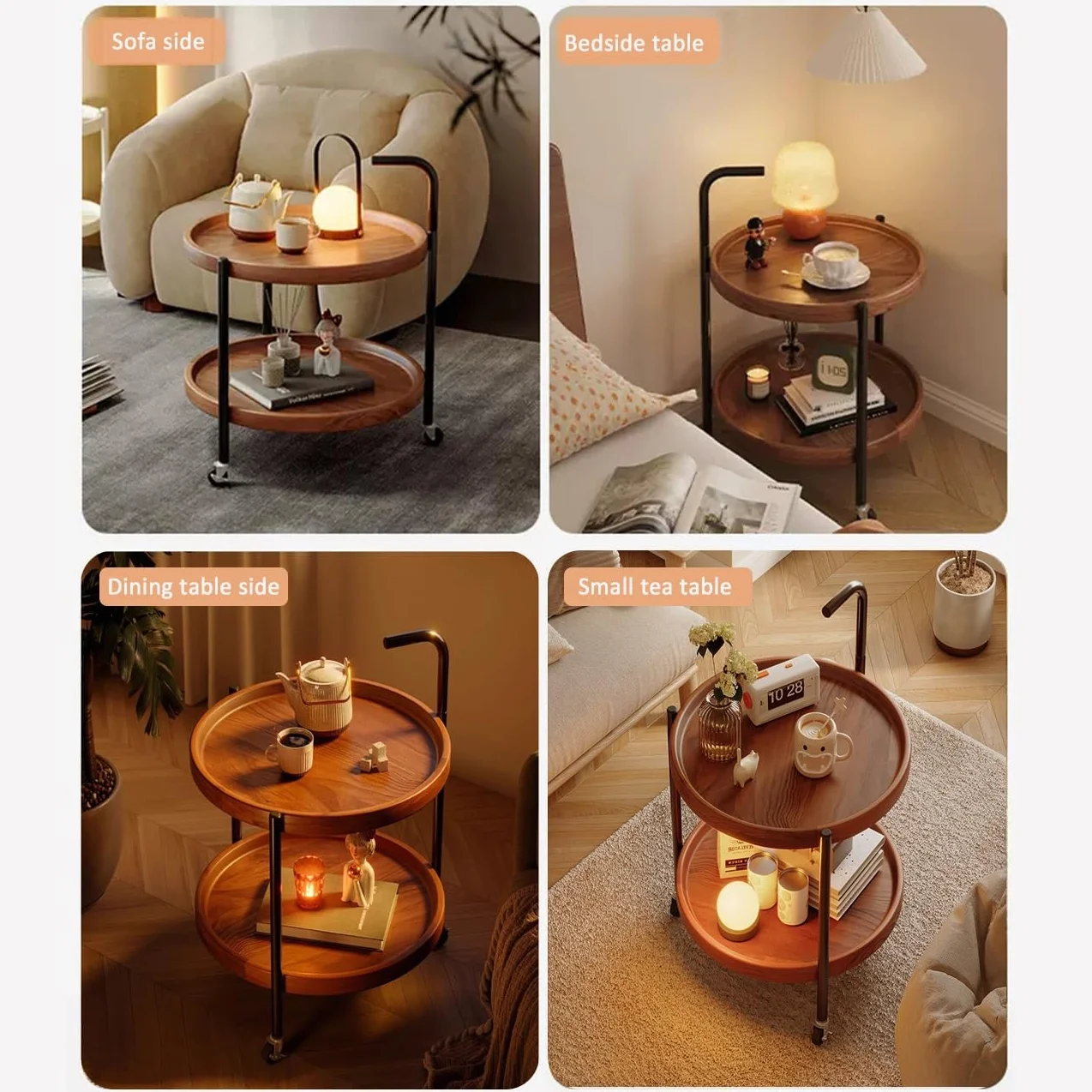 Okrągły stolik kawowy z kółkami – 2-poziomowy wózek do salonu i kuchni – wszechstronna brązowa sofa / stolik nocny (60 cm) – nowoczesne meble domowe
