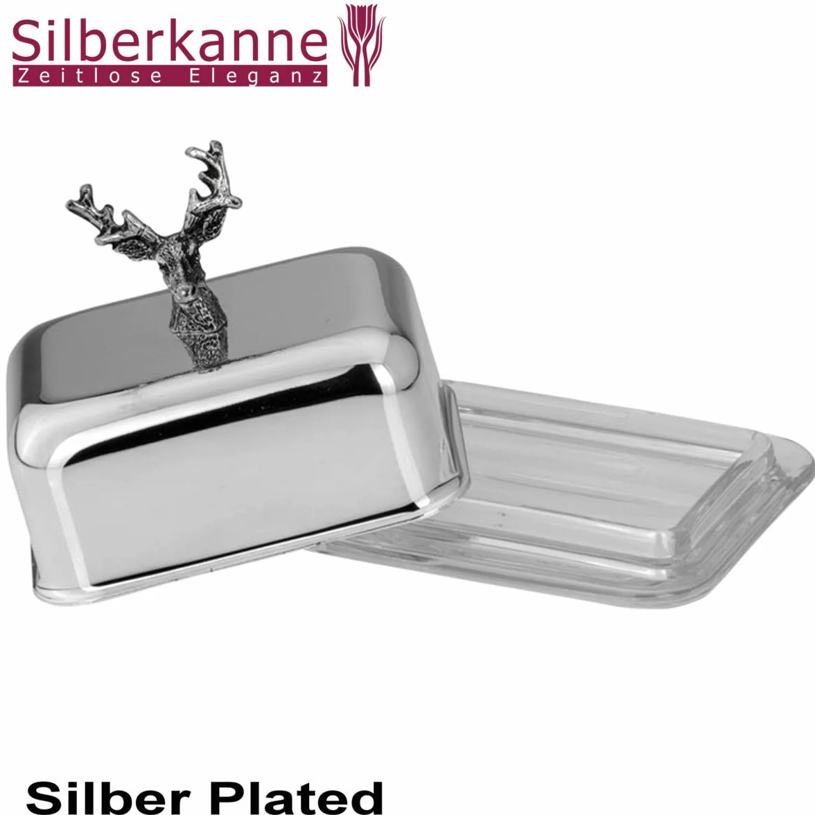 Maselniczka z nożem jeleń 2-częściowa 10 x 8,5 x 9,5 cm 1/4 funta Premium srebro platerowane szlachetnie posrebrzane w doskonałym wykonaniu. Gotowa do podarowania w eleganckim opakowaniu