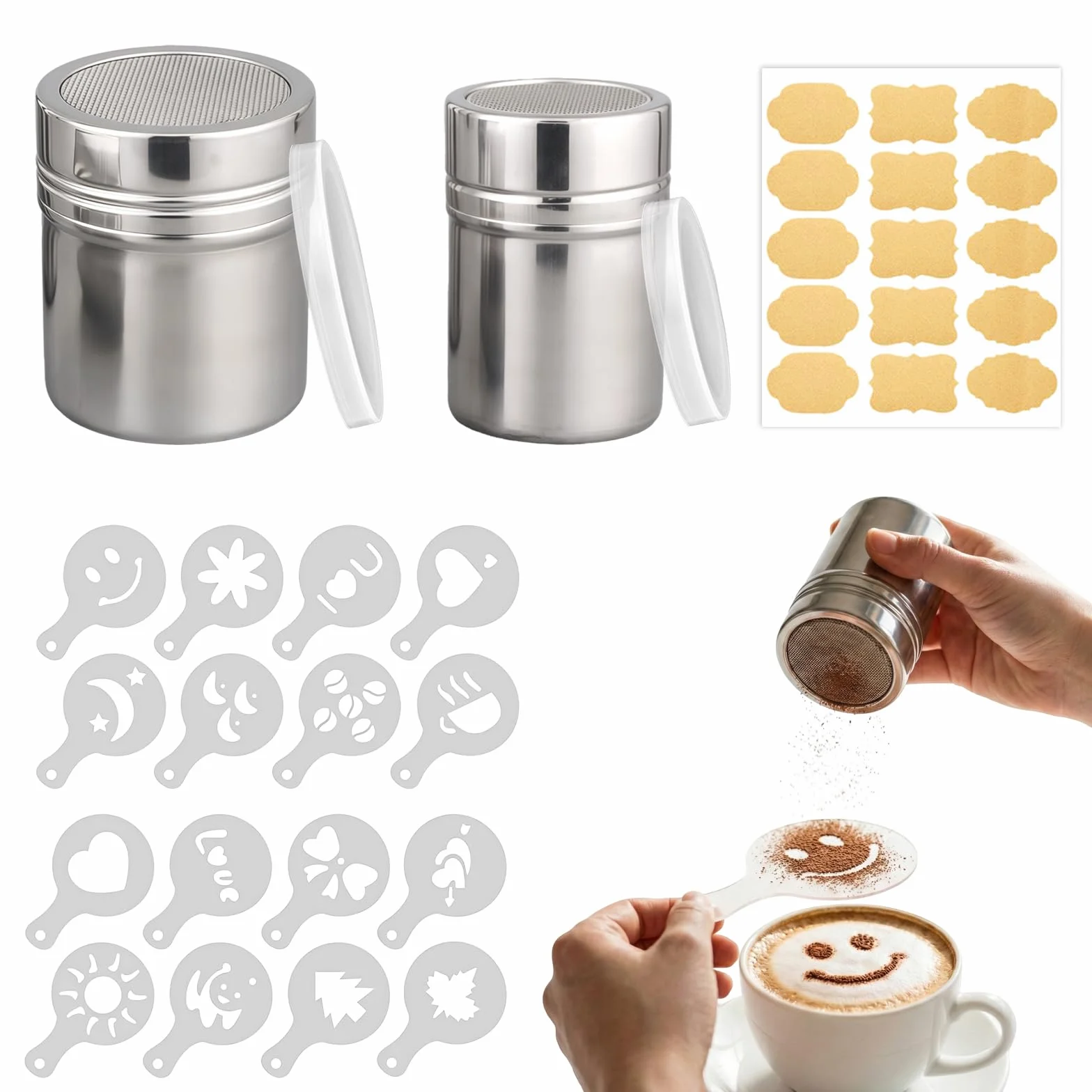 2 sztuki cukierniczek do kakao, ze stali nierdzewnej, z pokrywką utrzymującą świeżość i 16 części, szablony do cappuccino, 10 naklejek Crayful, solniczka do kakao, sitko do cappuccino