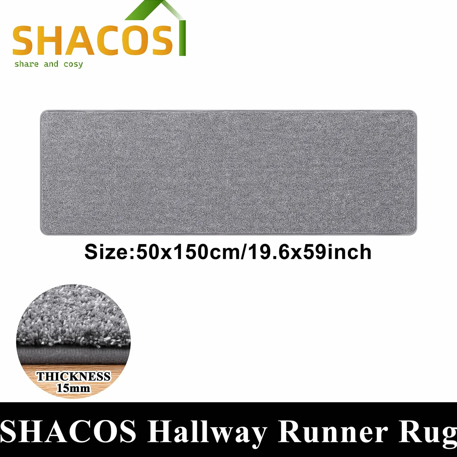 SHACOS Szary Bieżnik do Przedpokoju i Kuchni 50 x 150 cm, Antypoślizgowy Chodnik Zmywalny z Gumowym Spodem, Długa Mata do Pralni