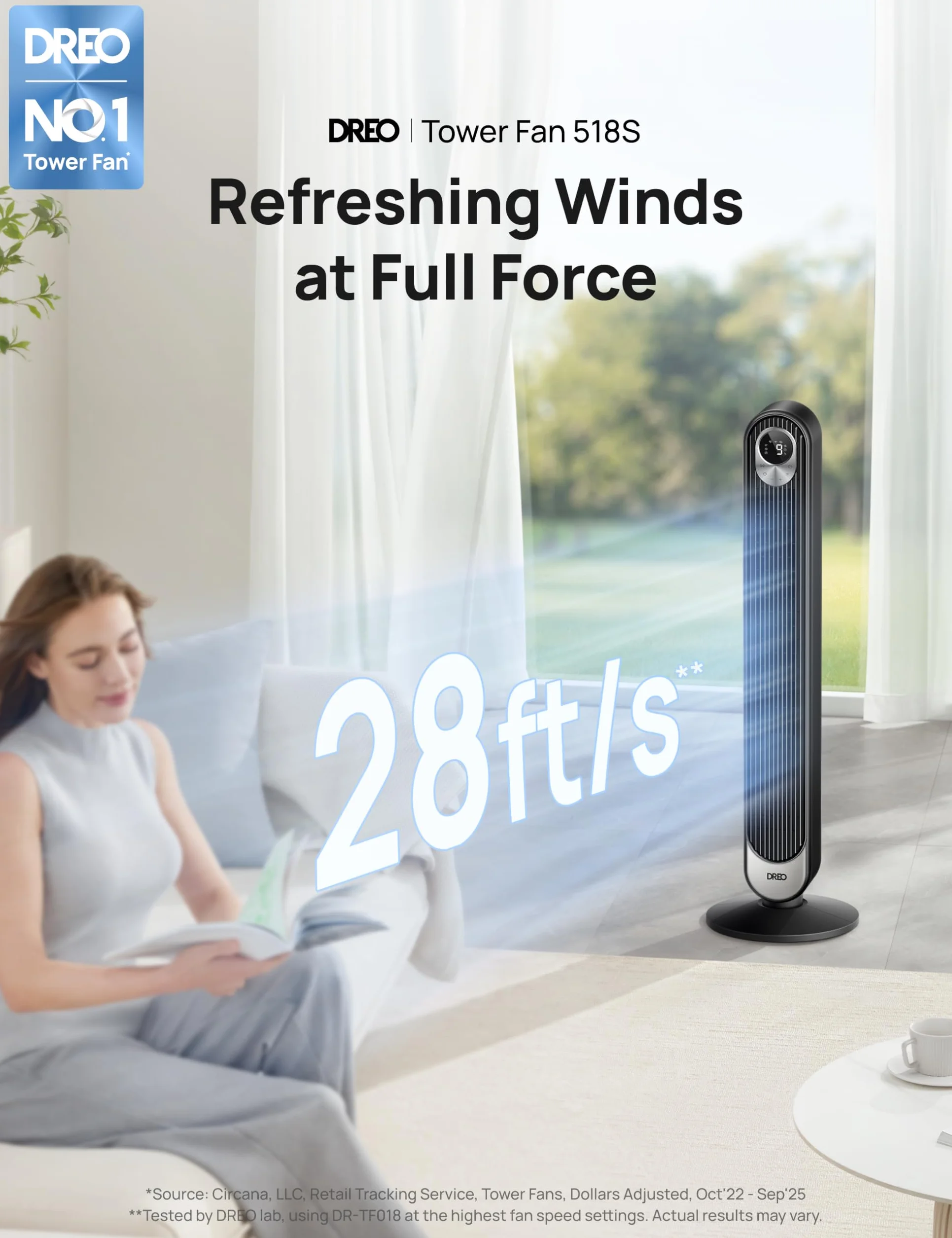 Dreo Smart wentylator kolumnowy z WiFi, sterowanie głosem, współpracuje z Alexa, sterowanie za pomocą aplikacji, cichy wentylator oscylacyjny 90°, 6 ustawień prędkości, 4 tryby, timer 12-godzinny