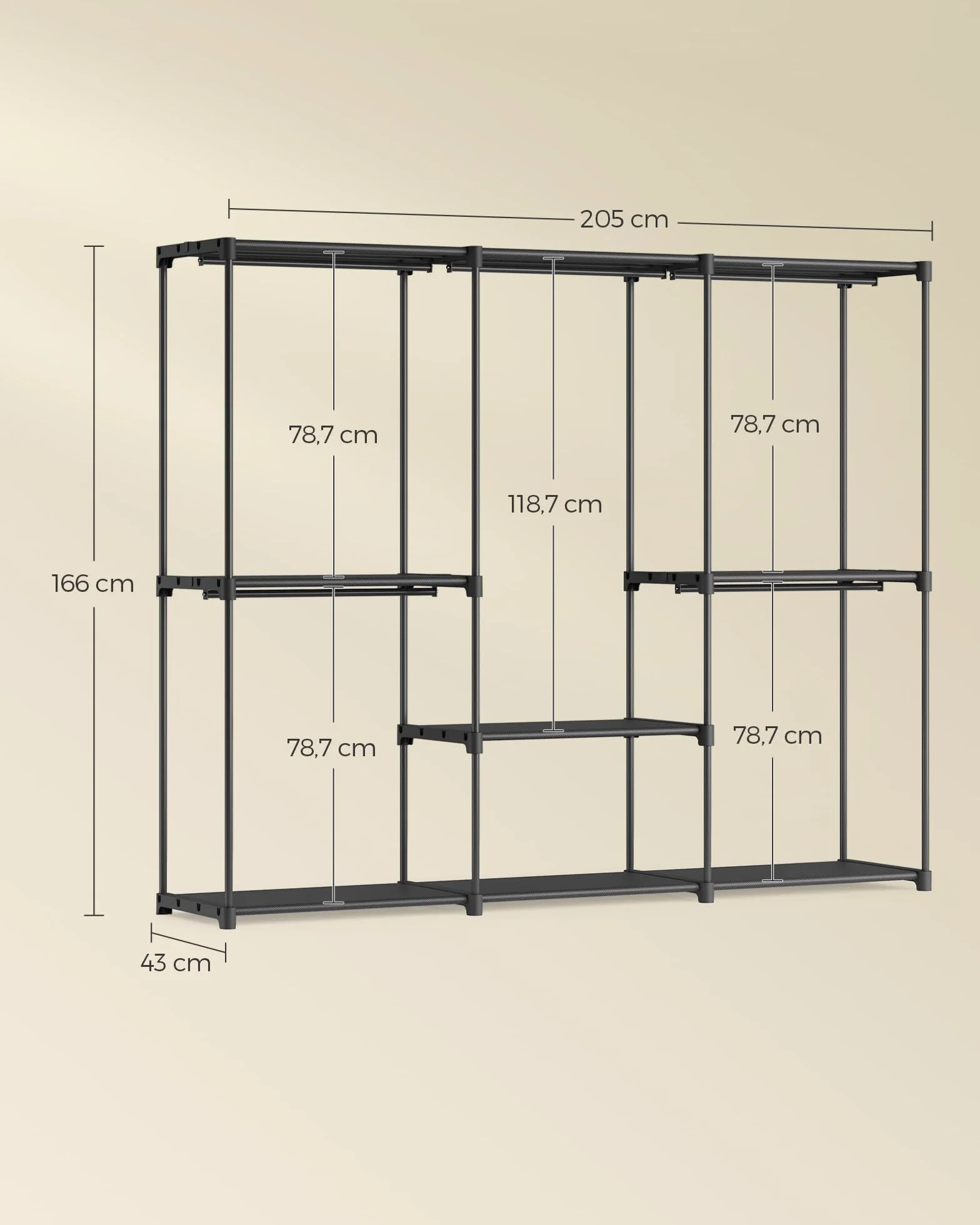 SONGMICS Otwarta szafa na ubrania 5 przegródek 205 x 43 x 166 cm czarna