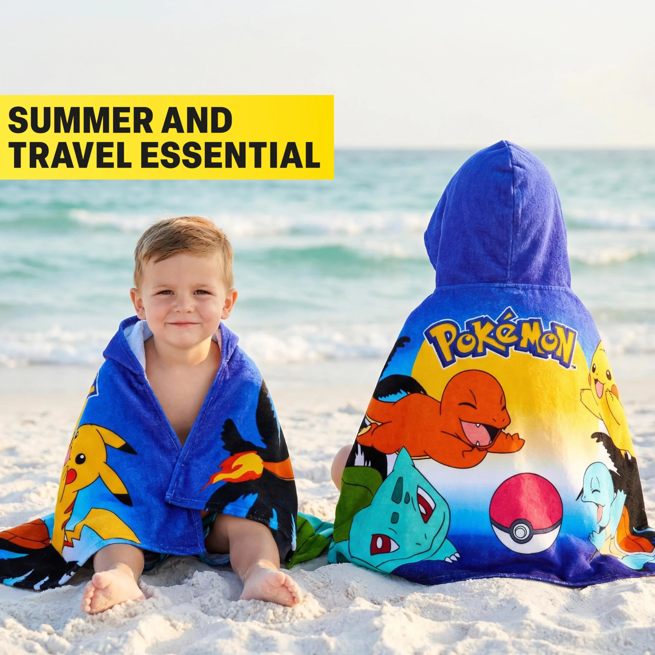 Pokemon Ręczniki z kapturem dla chłopców, bawełniane ponczo kąpielowe, plażowe, miękkie i chłonne, z kapturem, pod prysznic, basen, niezbędne rzeczy w podróży i wakacjach, wiele pokemonów