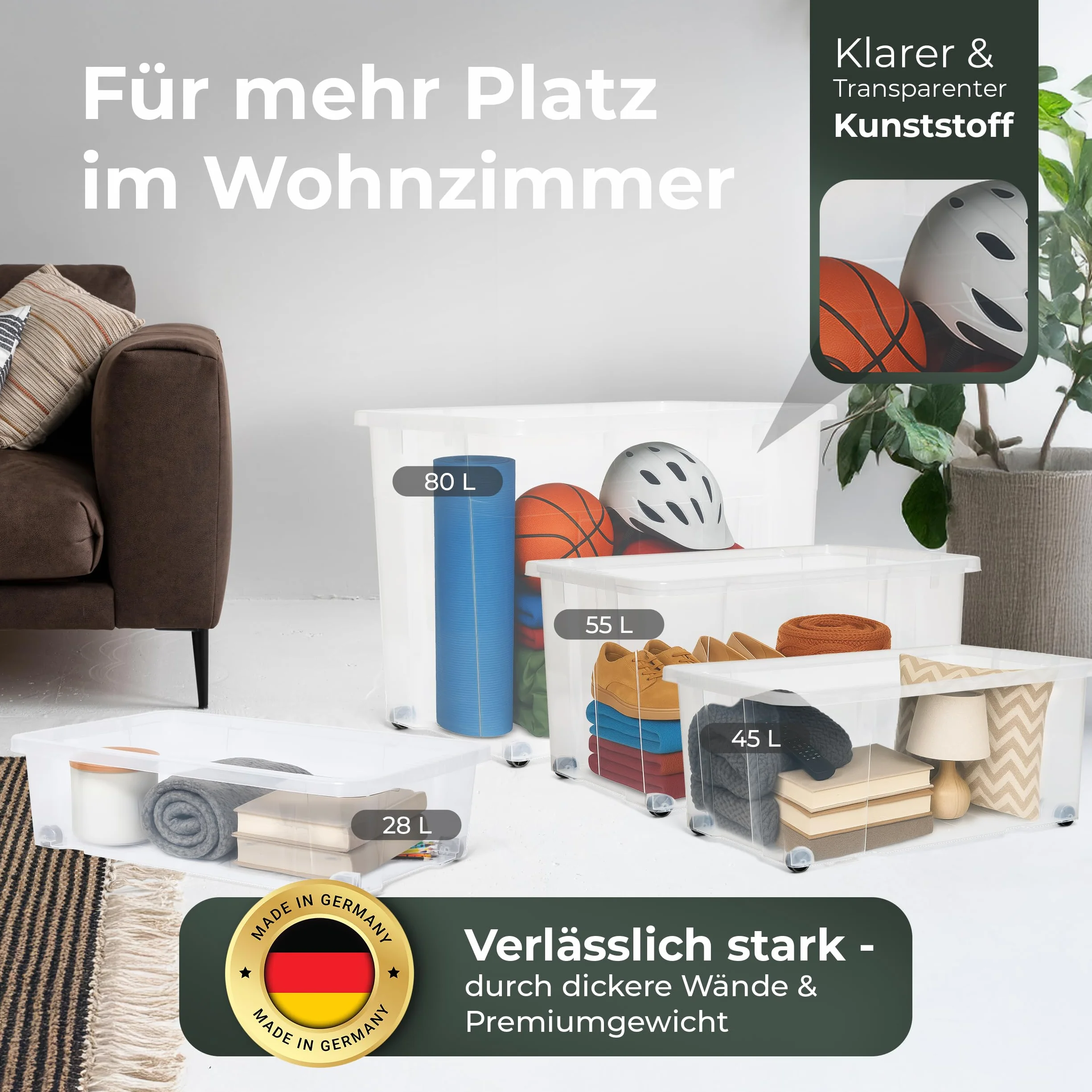 Novaliv Plastikowe pudełka bez pokrywki, rolki 80 l, 59 x 39 x 45, przezroczyste, duże pudełka, do przechowywania eurobox na kółkach, plastikowe pojemniki na buty