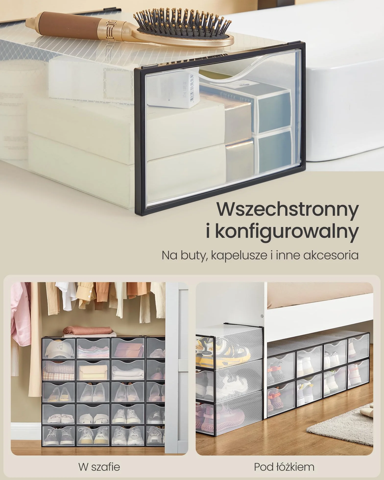 SONGMICS Przezroczyste pudełka na buty, zestaw 12, 33,2 x 23 x 14,5 cm, do rozmiaru 42, czarne