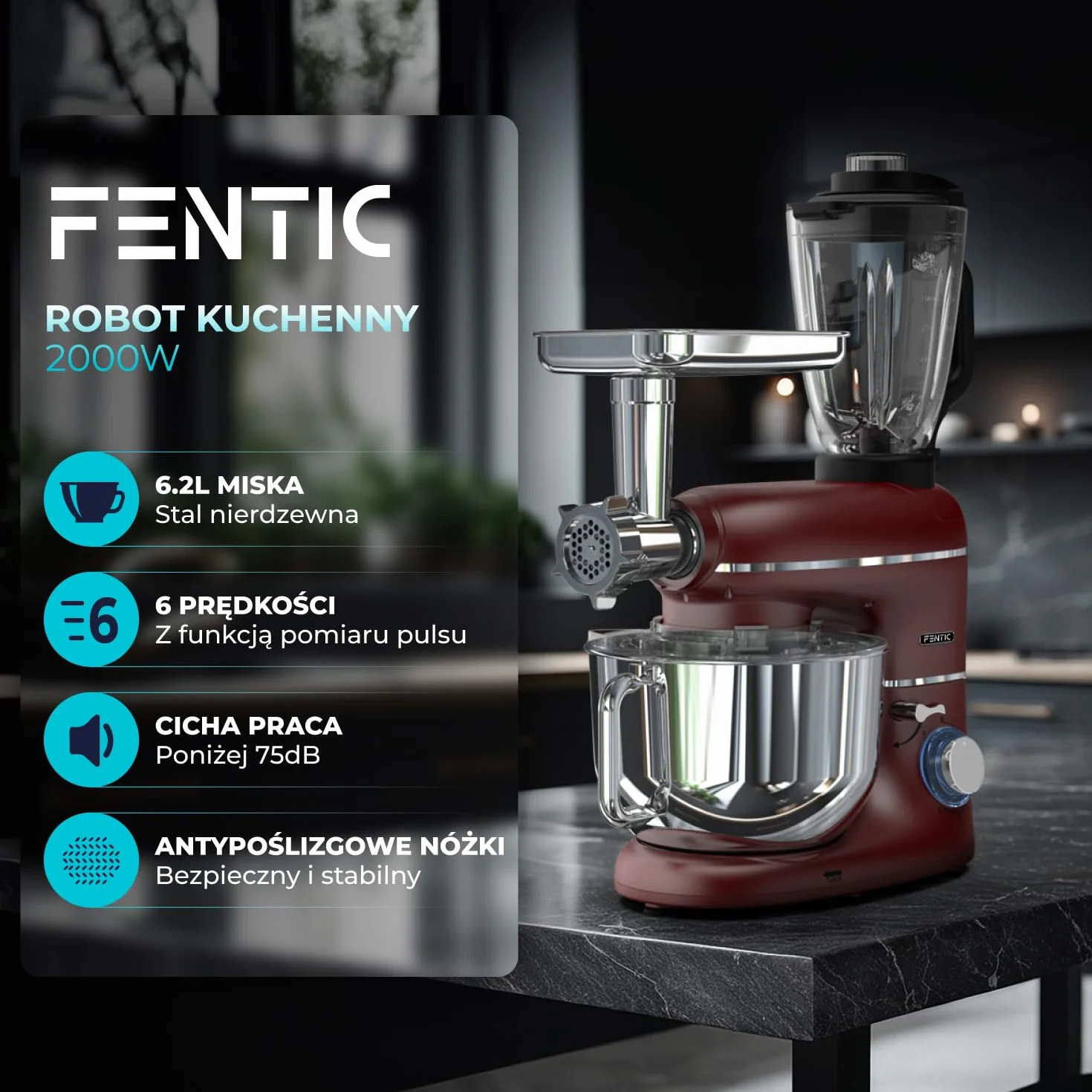 Robot kuchenny 2000 W, robot kuchenny, procesor żywności, miska do mieszania 6,2 l, w zestawie maszynka do mielenia mięsa, blender i dodatkowe akcesoria (Czerwony)