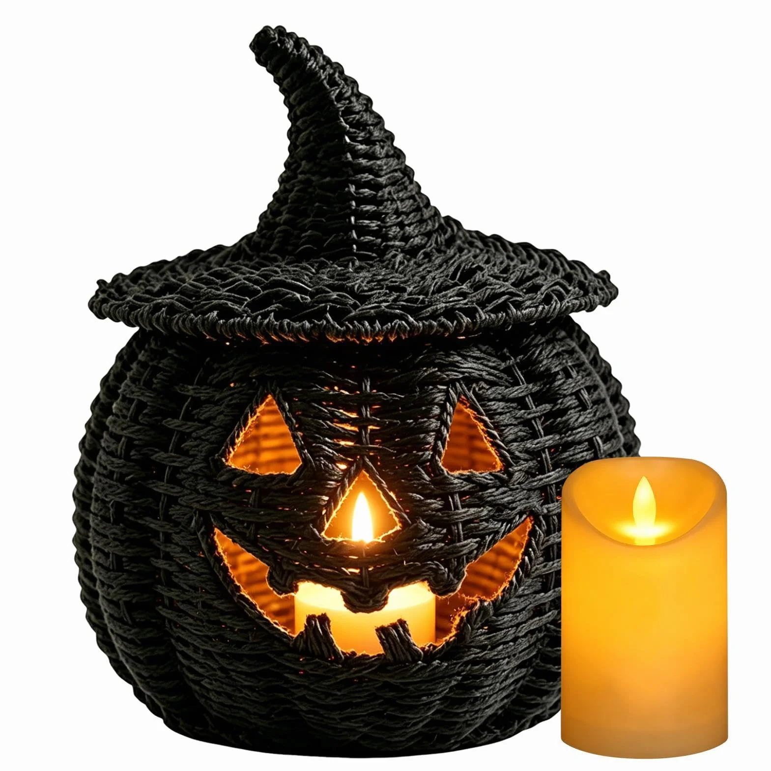 Dekoracyjny Pleciony Kosz Dyniowy Halloweenowy pojemnik ze świeczką LED | Straszny Kosz Do Przechowywania Słodyczy do domu mieszkania apartamentu salonu biurka kominka stołu jadalnego przedpokoju