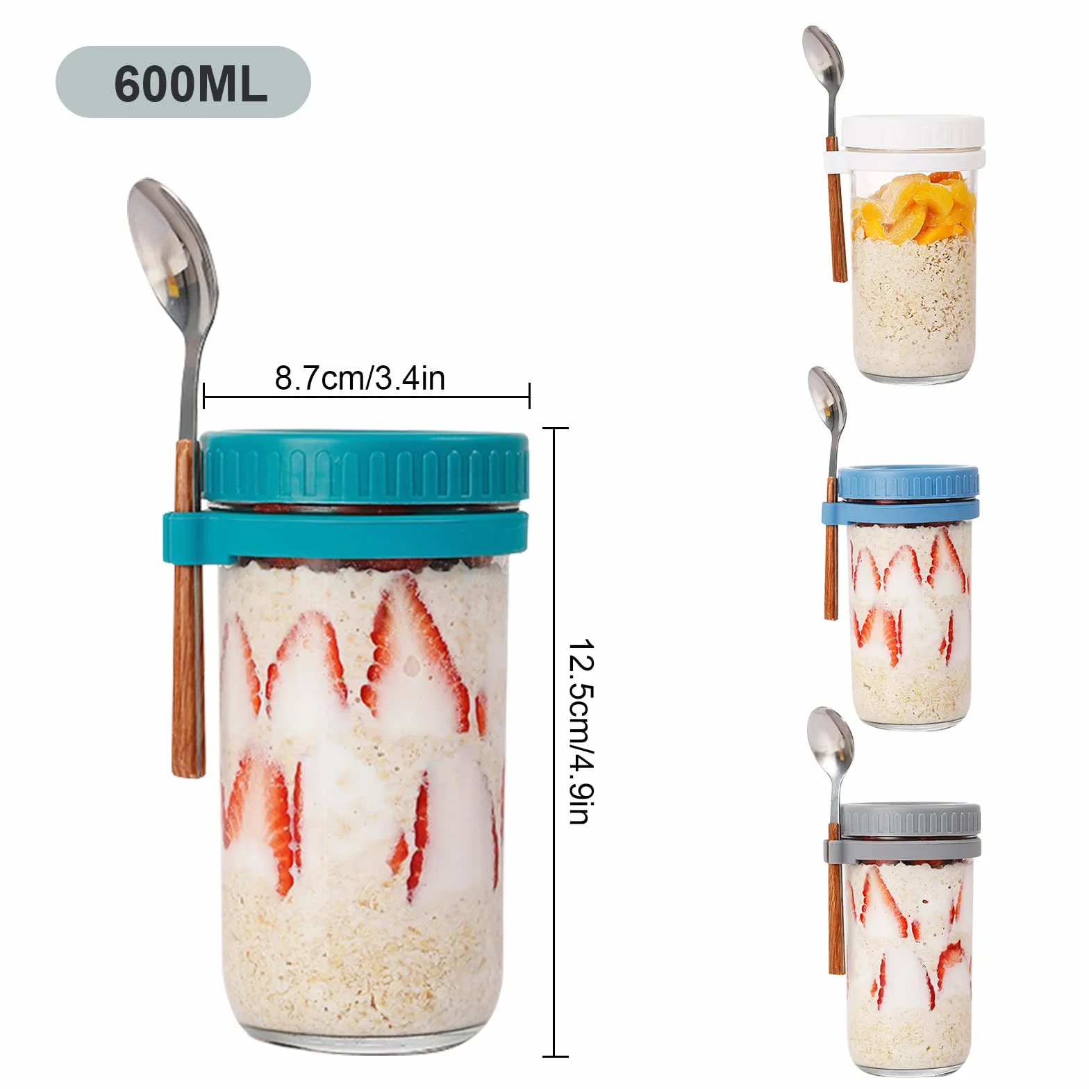 ZJT Overnight Oats słoiki z pokrywką i łyżeczką, 4 sztuki słoików owsianych, szklane słoiki na przetwory na nocleg, na musli, owoce, warzywa, mleko, sałatkę, jogurt, posiłki (600 ml)