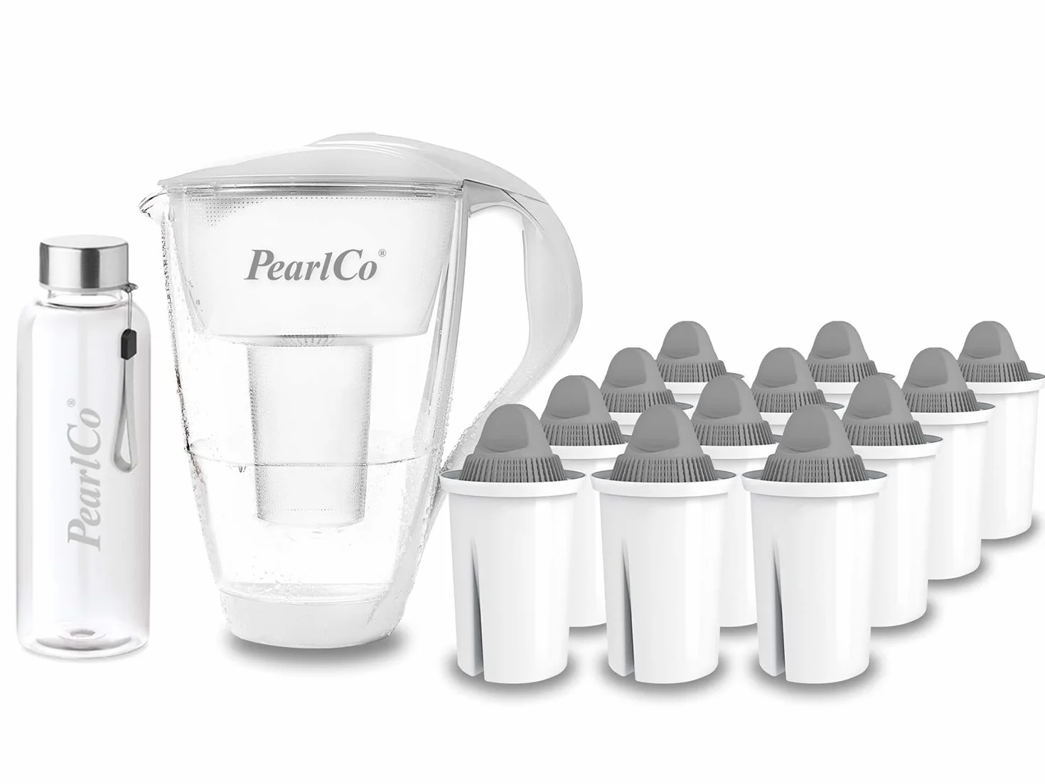 PearlCo - Szklany filtr do wody (biały) z 12 wkładami filtrującymi do twardej wody) + 1 butelka na napoje ze szkła