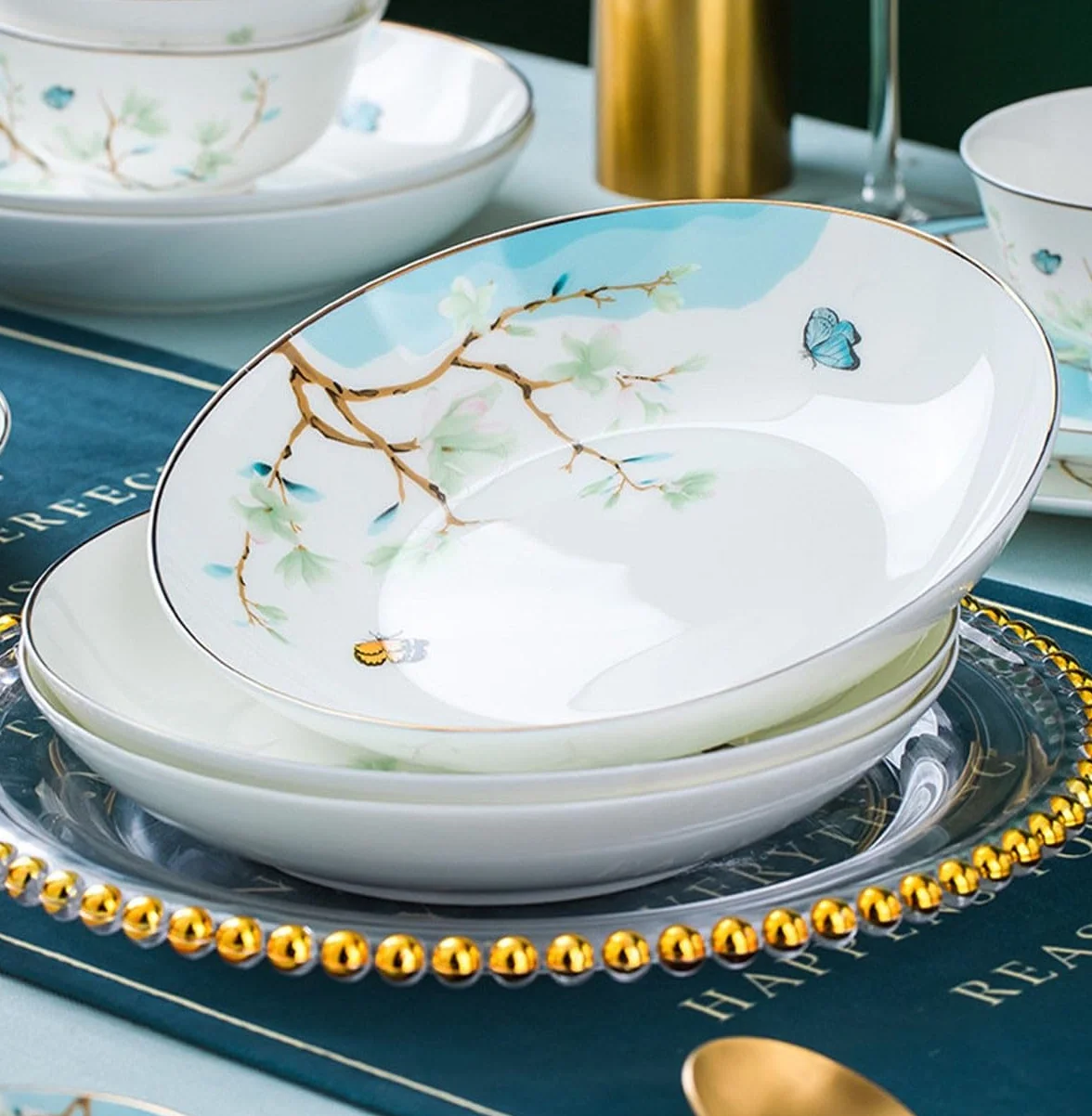 H3TF5J Angielski zestaw stołowy porcelanowy, 60 sztuk kości China, zastawa stołowa, niebieski kwiatowy wzór ceramiczny, kuchenka mikrofalowa i zmywarka