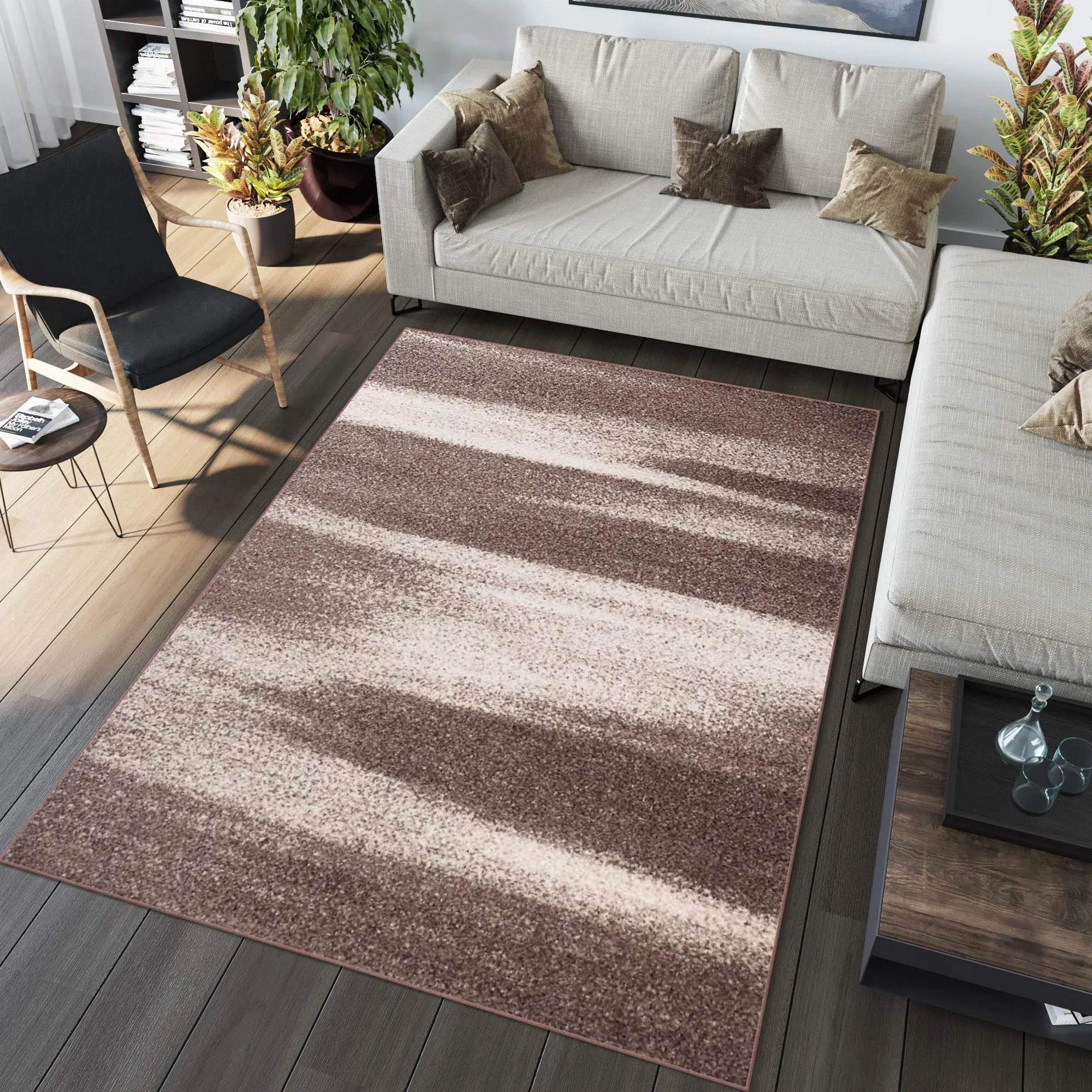 Tapiso Dywan Sari nakrapiany designerski krótkie runo beżowy brązowy jasnobrązowy z abstrakcyjnym rozmazywaniem paski wzór salon Ökotex 160 x 220 cm