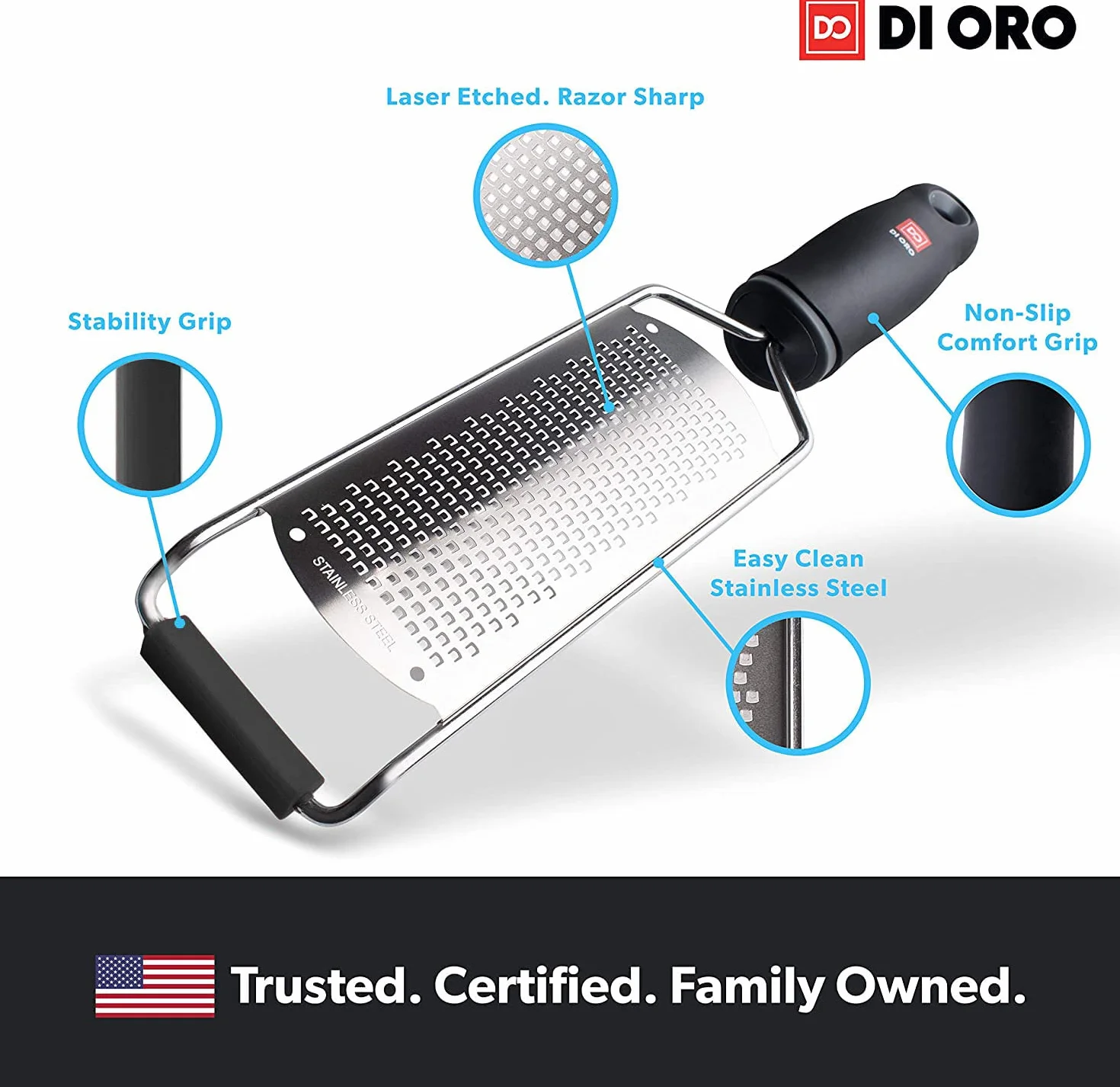 DI ORO® ręczna tarka i zester do cytryn - bez trudu ściera wszystkie rodzaje żywności i łatwo się czyści - ergonomiczny, wygodny uchwyt i ostra jak brzytwa stal nierdzewna